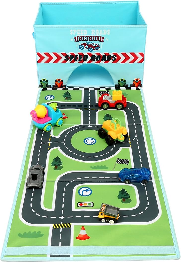 Eggsnow Toys Storage Box Kids Toys Organizer With Fun Play Mat For Kids -Blue(Cars Not Included)