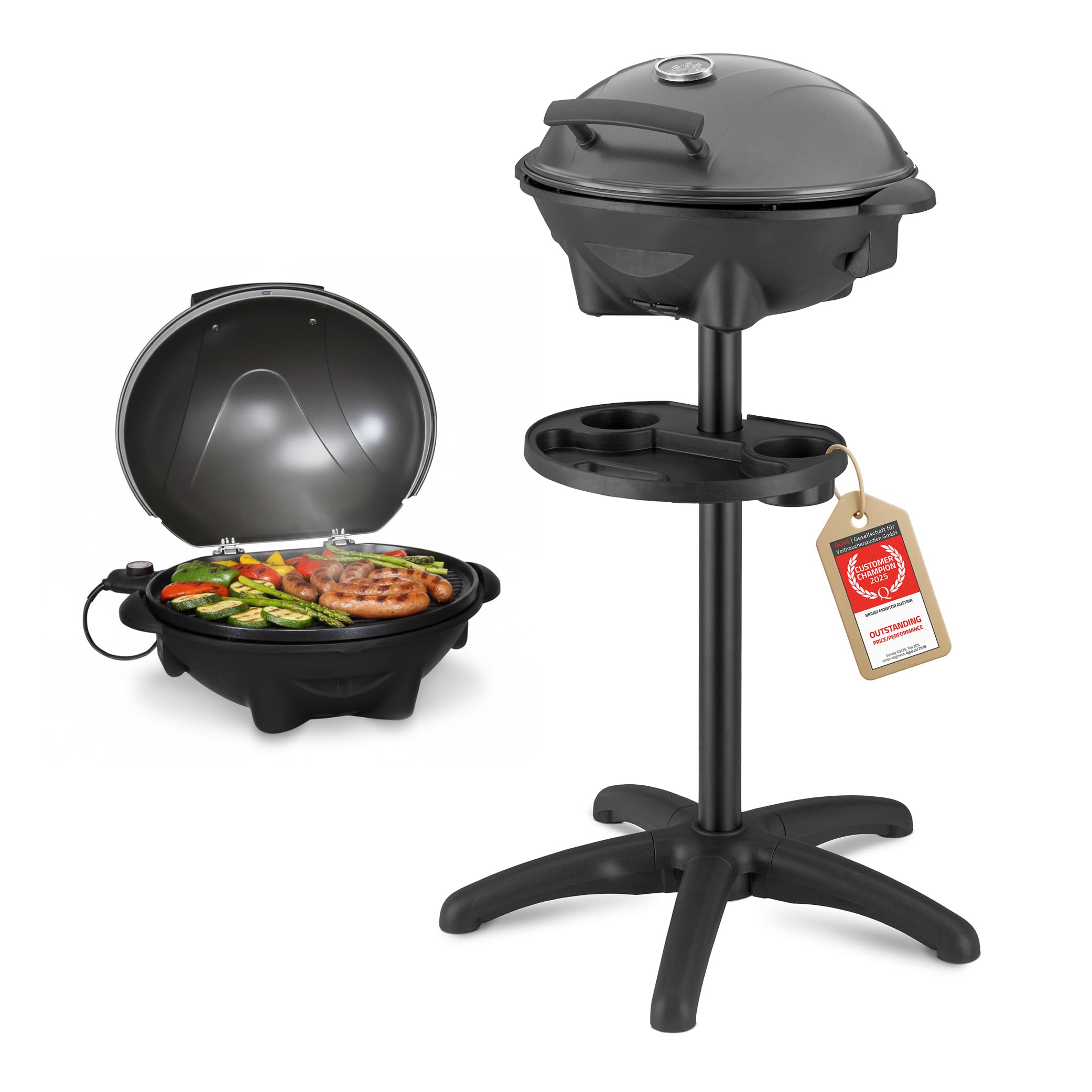 TZS First Austria - Barbacoa eléctrica 2 en 1 de mesa y suelo 2400W - BBQ con pedestal para balcón y terraza con tapa y estante - Parrilla esférica con termómetro y bandeja recogegrasas