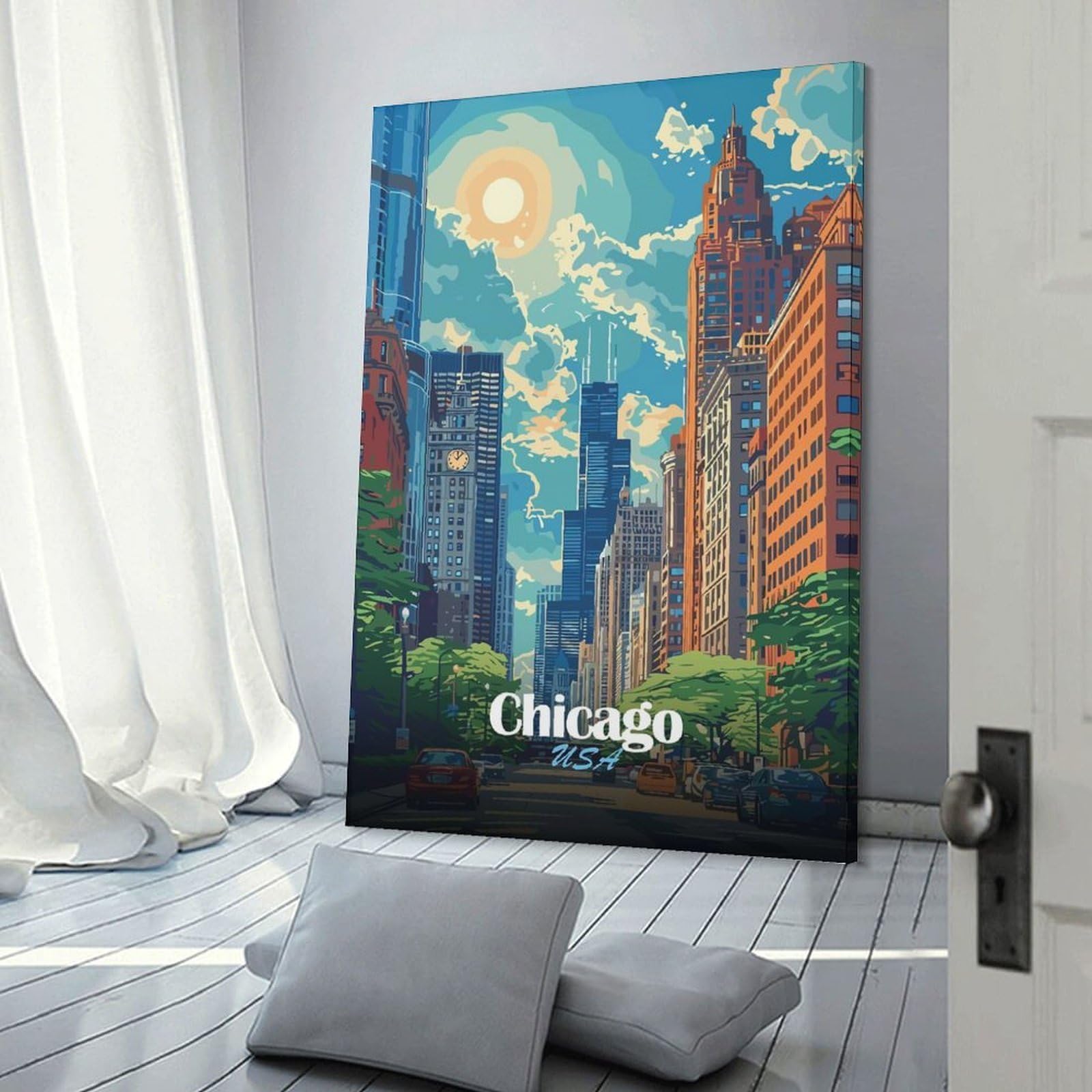 Junmoney Chicago Cityscape Illustration Canvas Art Print 20x30inch(50x75cm), for Feature Walls in Flats Or Modern Rooms, Ideal for Building A Coordinated Art Wall