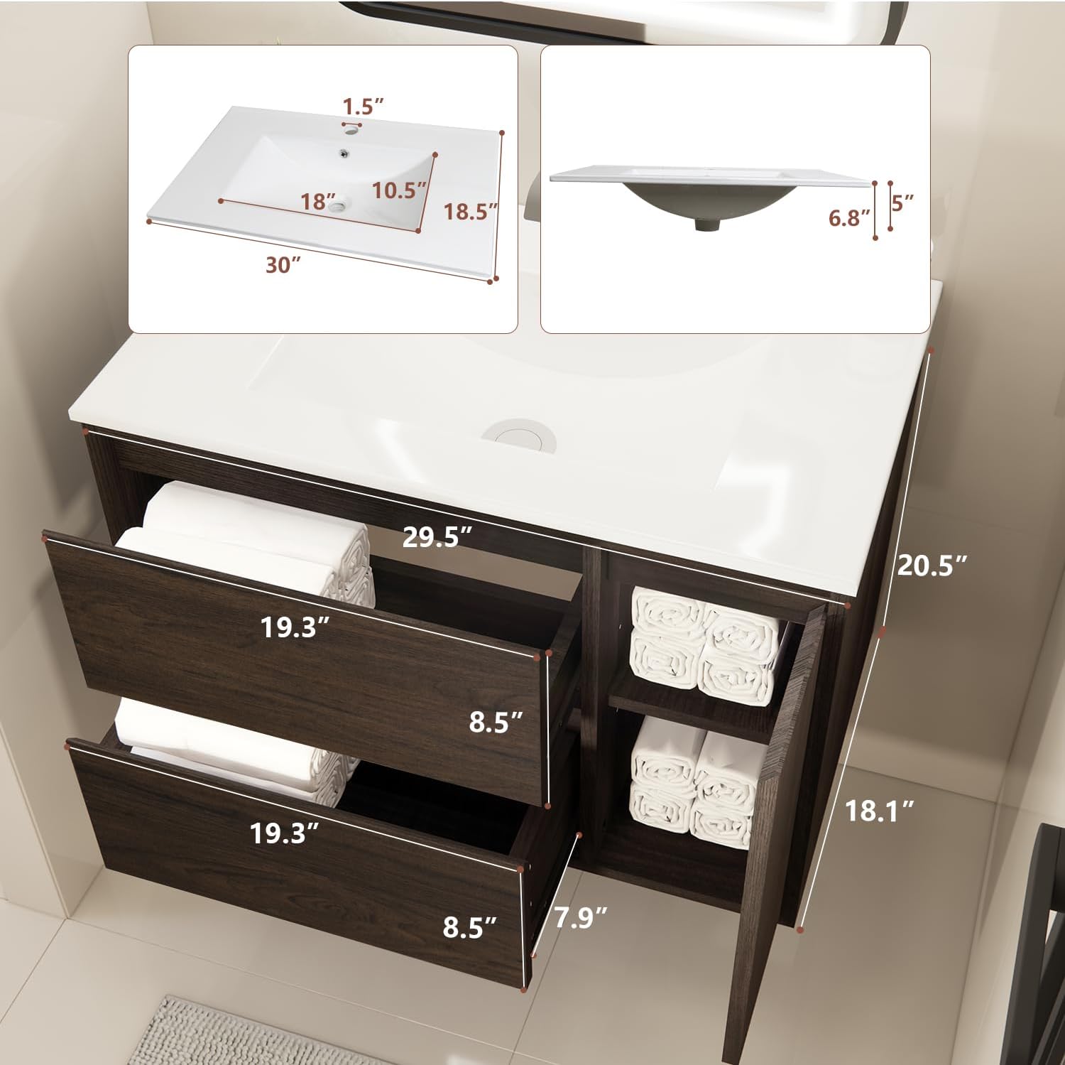 30" Bathroom Vanity with Sink, Floating Bathroom Vanity with Large Storage, Modern Bathroom Cabinet with Ceramic Sink, 2 Soft-Close Drawers and 1 Door