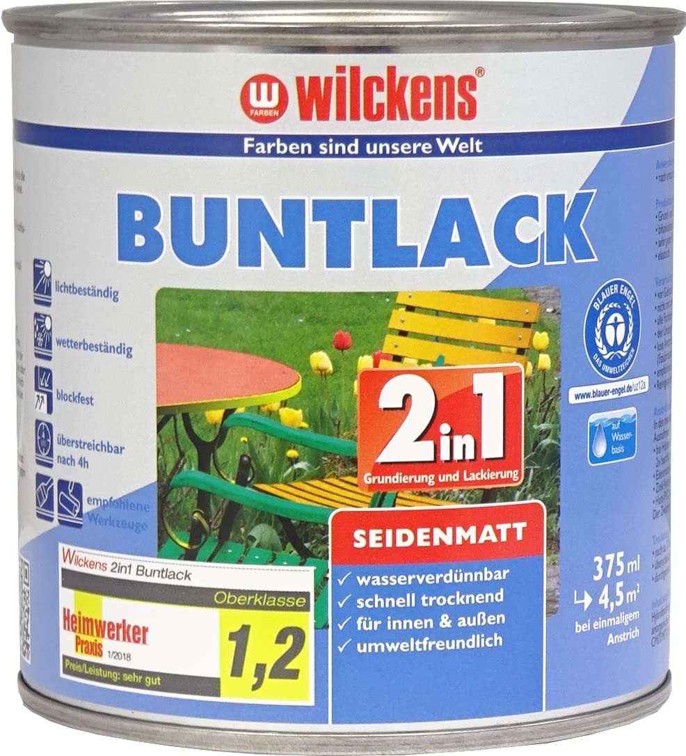Wilckens 2 w 1 akrylowy lakier kolorowy do wnętrz i na zewnątrz, jedwabisty matowy, 375 ml, RAL 7035 jasnoszary