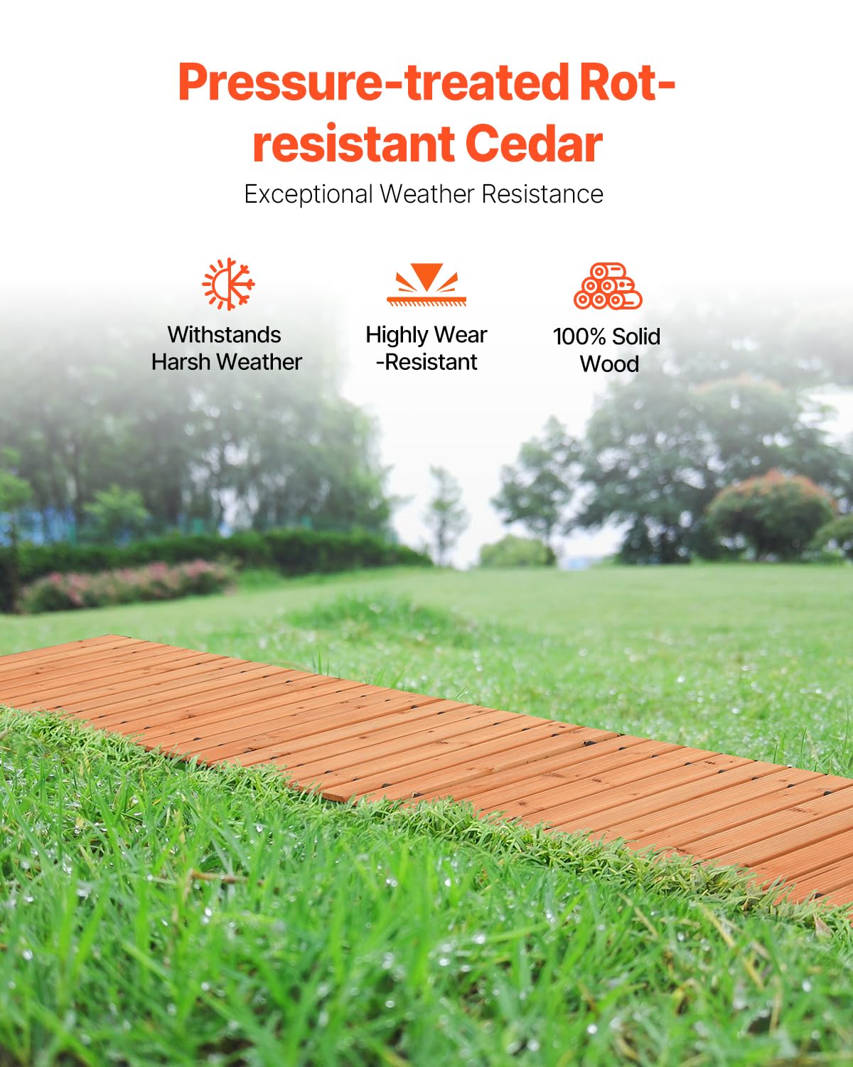 VEVOR Camino de Jardín de Madera 3,65 m x 55,88 cm, Camino de Jardín Recto Antideslizante, Camino de Exterior de Cedro Enrollable con Conexión de Cable de Acero para Jardín, Fiesta de Bodas, Patio