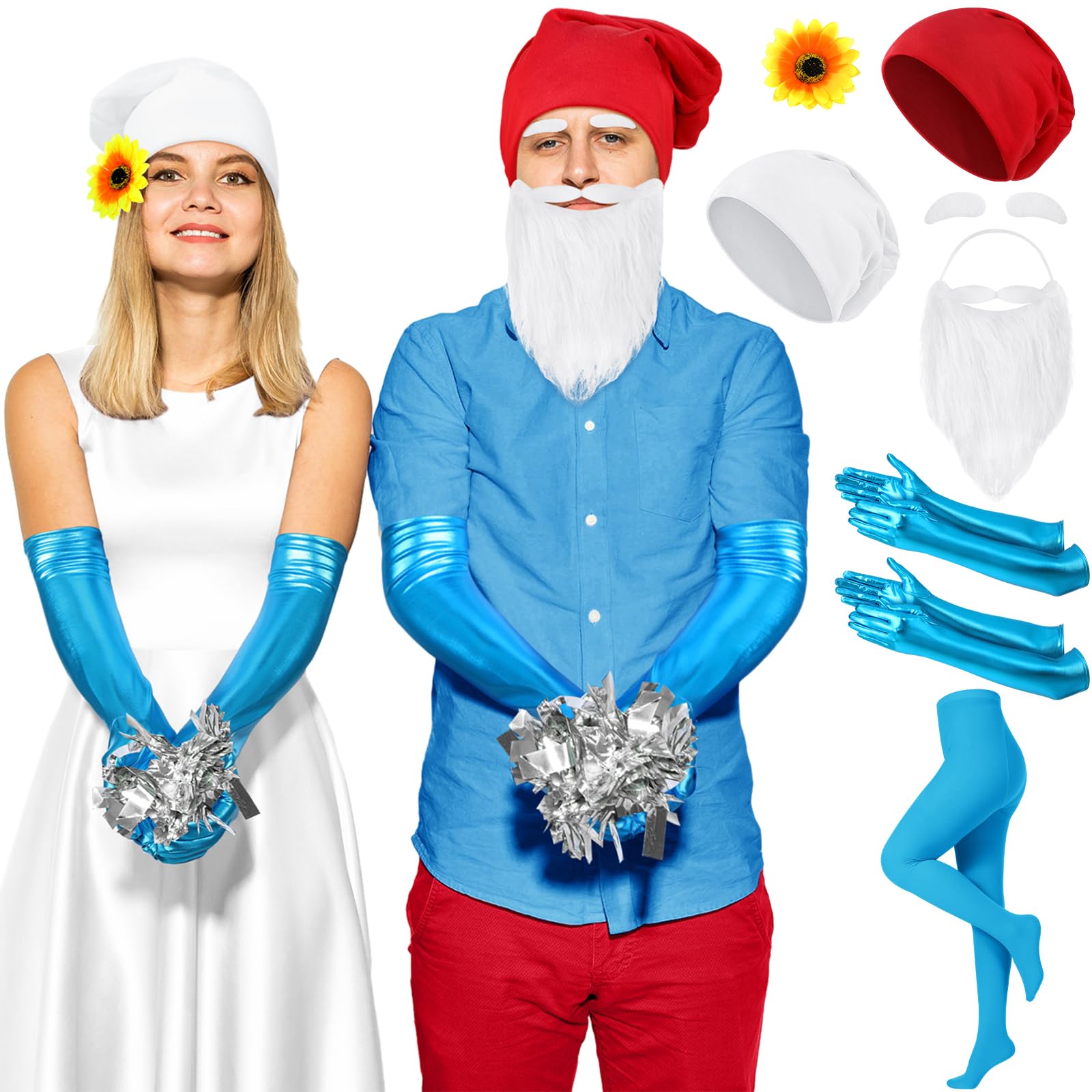 Fourluoo 8 Pcs Halloween Gnome Costume Adults Dwarf Couples Costume Accessories Include Beanie Dwarf Hat Fake Beard Eyebrows Gloves Tights Sunflower Hair Clip for Halloween Cosplay