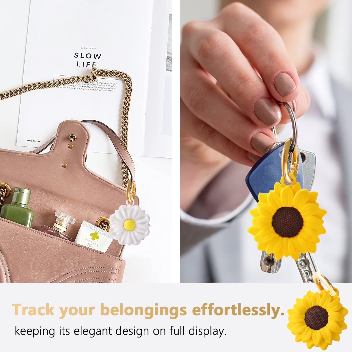 GOLLEY Compatible with AirTag Keychain?Apple airtag case,Airtag Holder, air tag. Holder Keychain (Sunflower + Daisy)