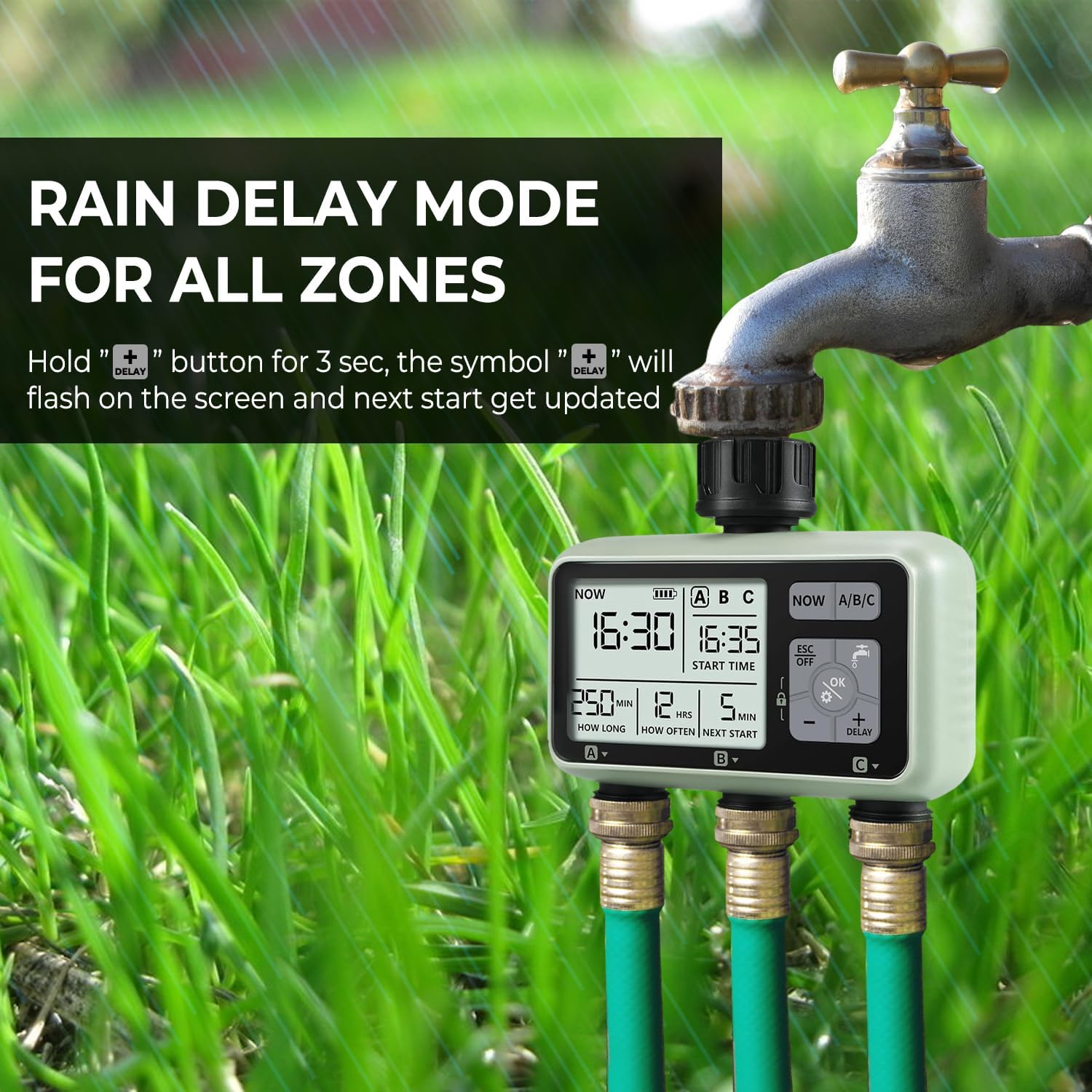 Johgee water timer in a grassy area with rain, illustrating the rain delay function.