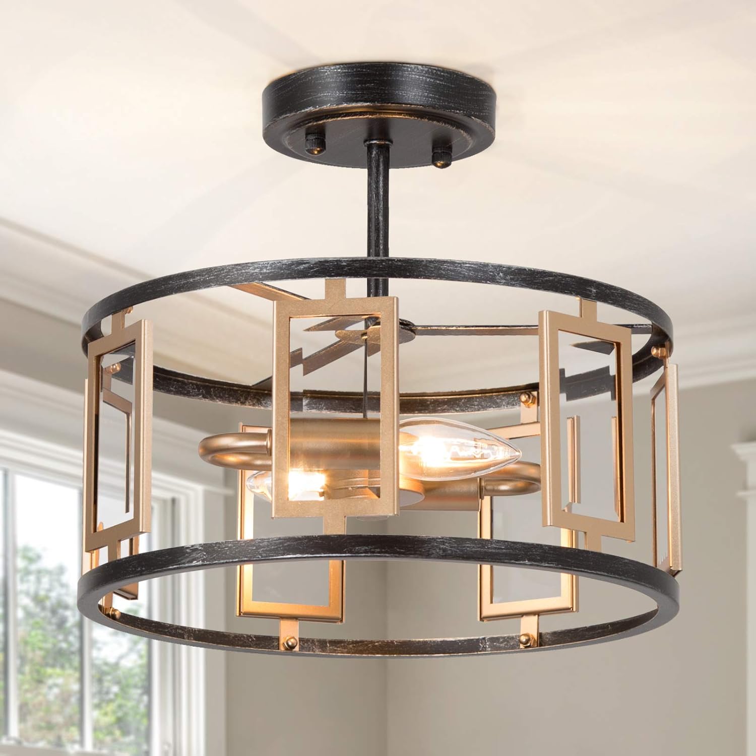 Optimant Lighting Semi Flush Mount Ceiling Light, 2-Light Modern Close to Ceiling Light Fixture with Clear Glass for Hallway, Bedroom and Kitchen(Gold & Black Silver Brushed Finish) - - 