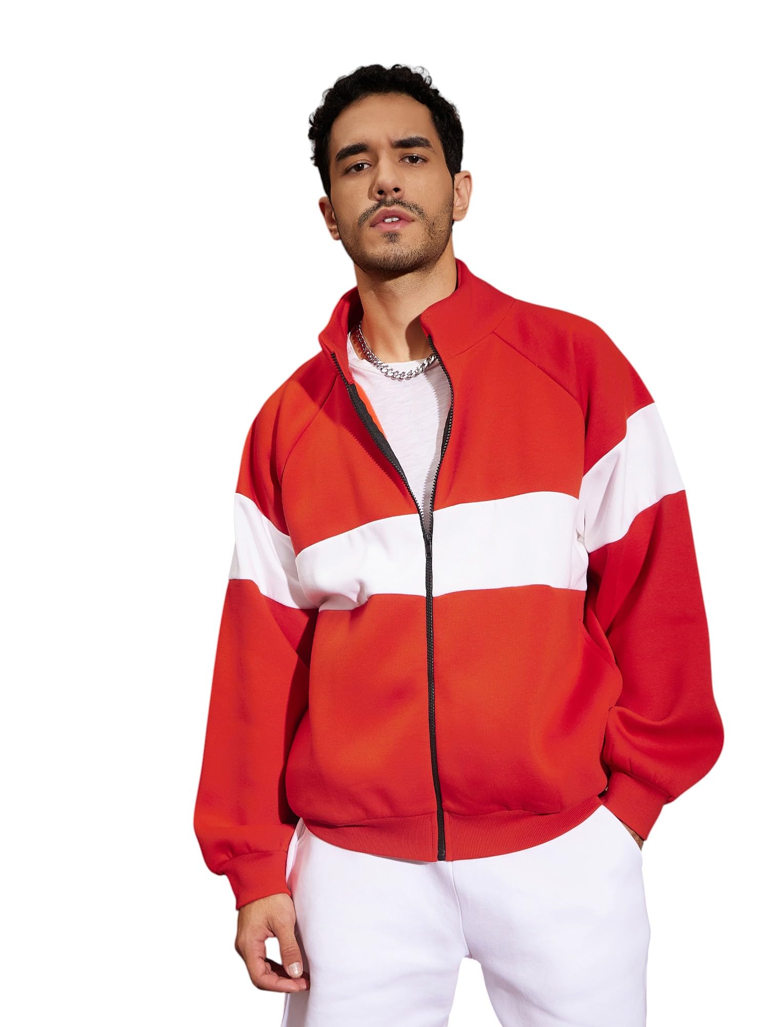 SASSAFRAS Red & White Colorblock Oversized Zipper Sweatshirt in white