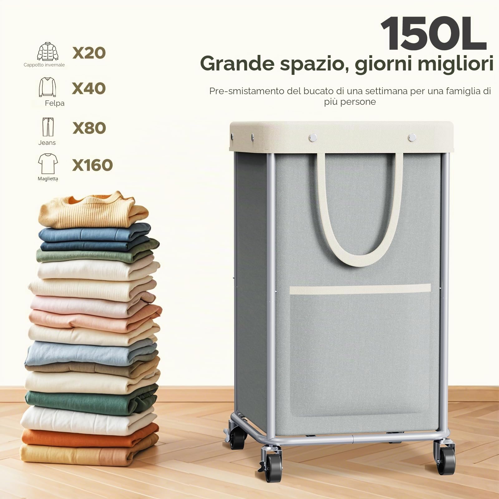 JYPS Cesto portabiancheria grande da 150 l, con ruote e manico, cestini rimovibili e 2 borse laterali, in tessuto Oxford impermeabile, per riporre vestiti sporchi, camera da letto, lavanderia, grigio