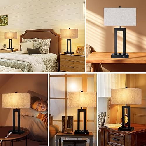 Miniatura 7 de Juego de lámparas de mesa modernas de 2 a 22 pulgadas de alto con puertos de carga USB-CUSB-A y tomacorriente, de tela regulable, color crema,