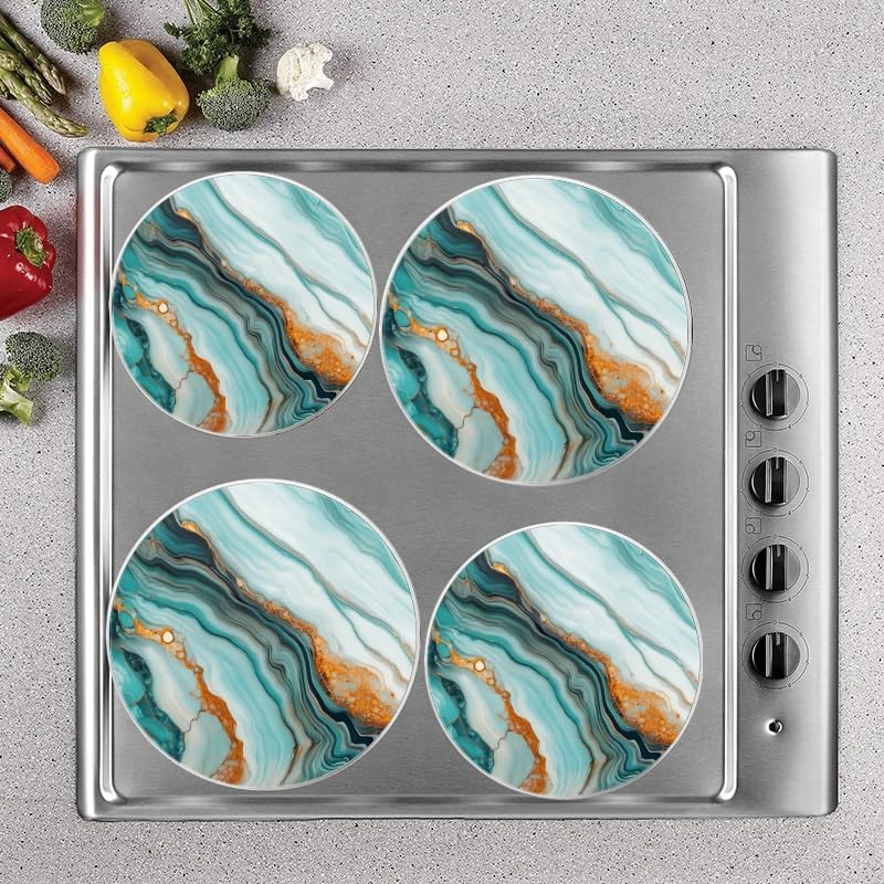 Kitchen Stove Burner Covers for Electric Stove, Blue Gold Intricate Marble4 Pack Round Oven Burner Covers for Kitchen, 8 Inches and 10 Inches