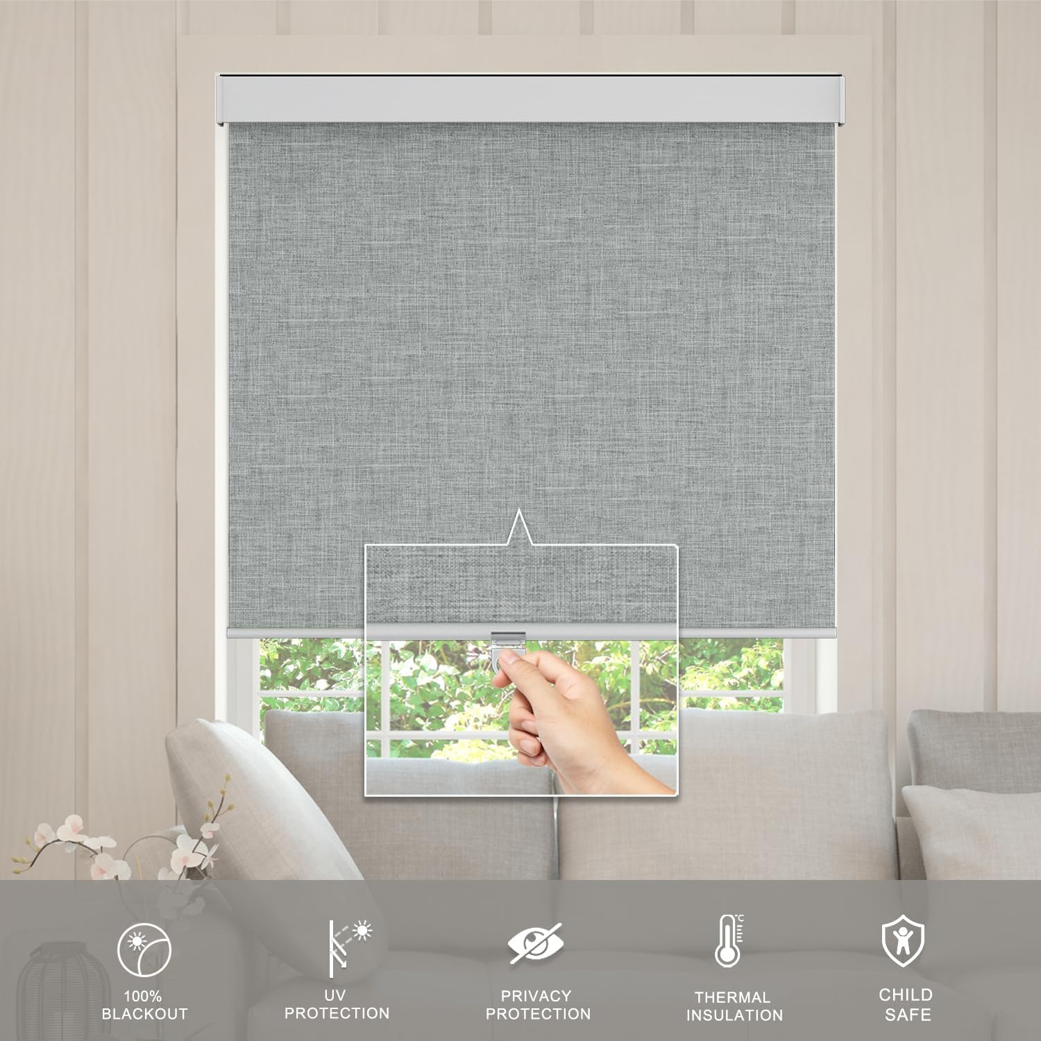 Blackout Roller Shades Blinds for Windows, Free-Stop Cordless Roller Shades with Valance, Thermal Insulated Fabric Window Blinds UV Protection for Home, Bedroom, Grey, 50" W x 72" H