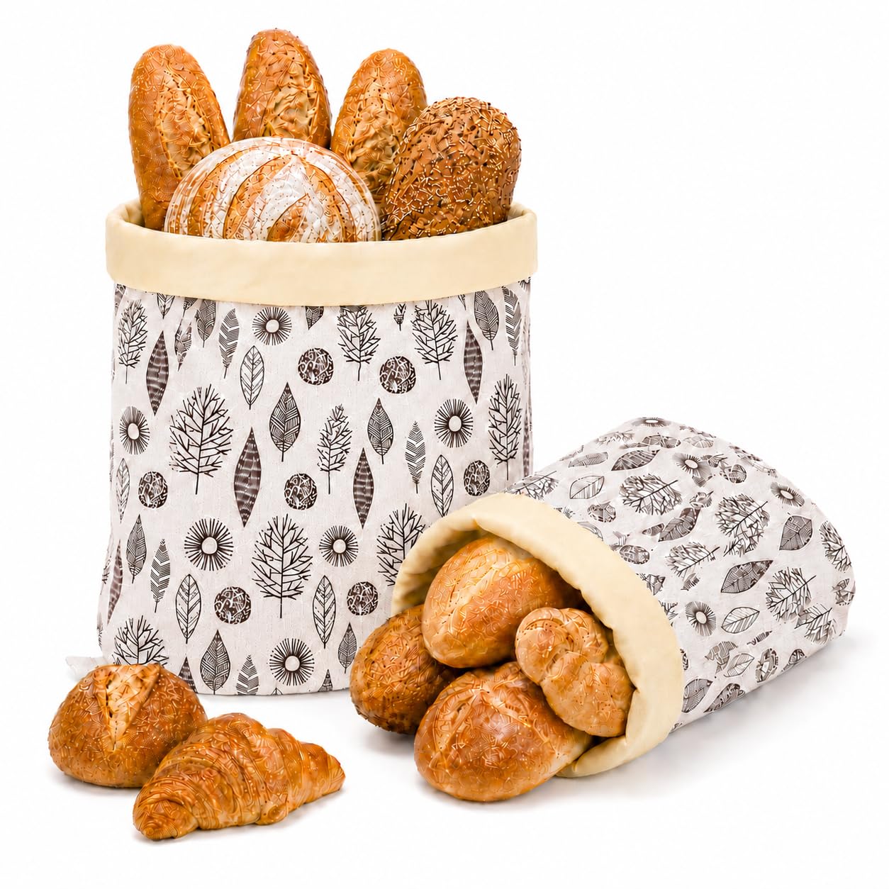 Sytinnice 2 Pack Beeswax Bread Bags for Home Bakers, 43 x 33 cm Reusable Sourdough Bread Bag with Natural Beeswax Lining, Washable Linen Bread Storage for Homemade Loaves-Leaves