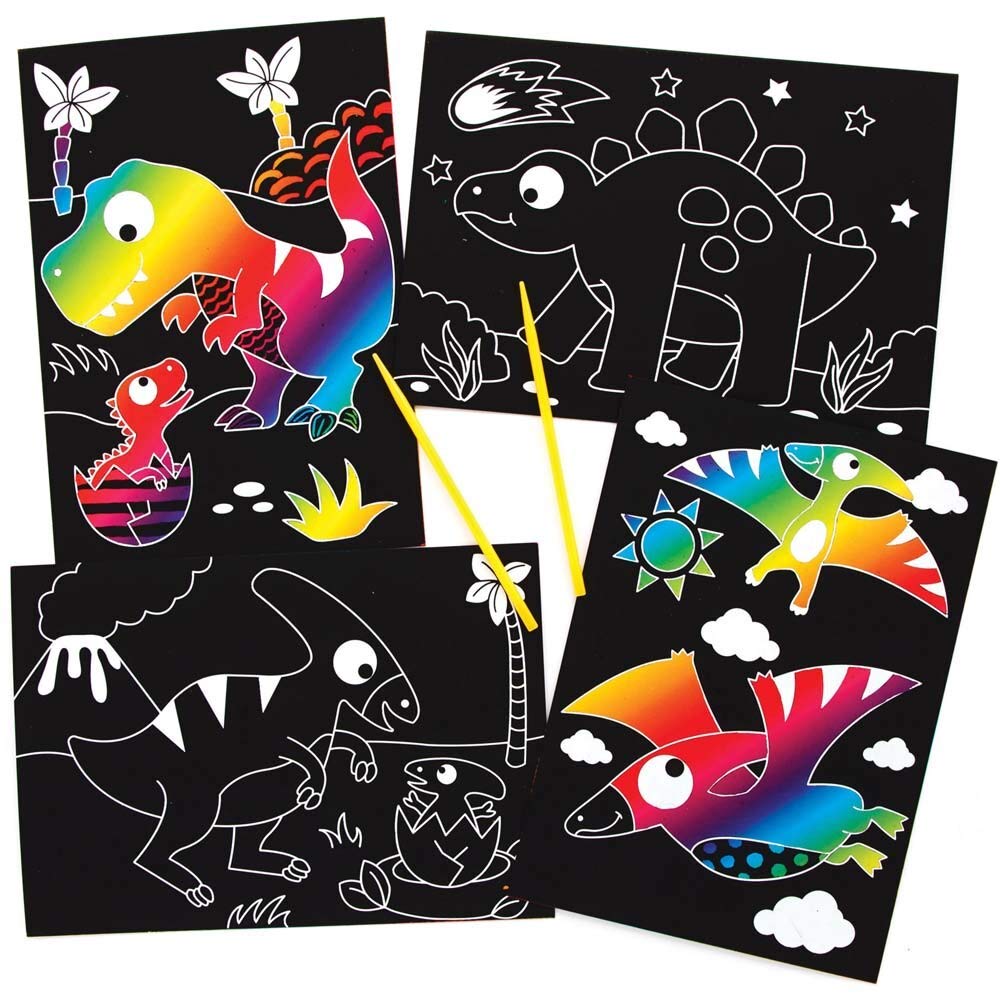 Baker Ross FE110 Dinosaur Scratch Art Pictures - Pack of 8, Engraving Art for Children, Creative Activities for Kids, Art Set for Creative Minds