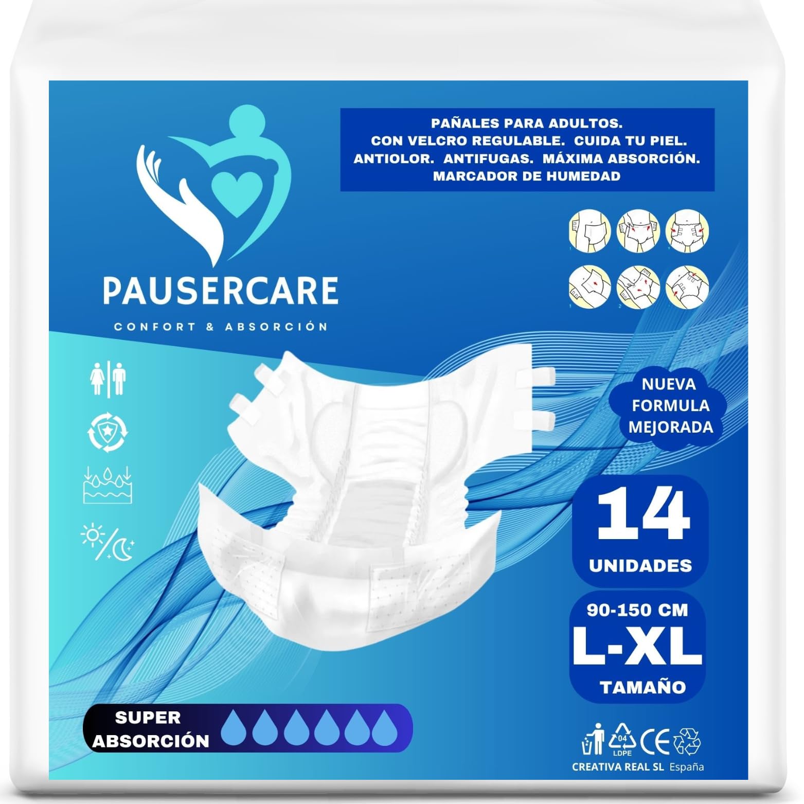PAUSERCARE Pañales Adulto Unisex | Super Absorbentes Para Incontinencia | Hombres & Mujeres | 14 Unidades Desechables | Máxima Absorción Día y Noche (TALLA L-XL)