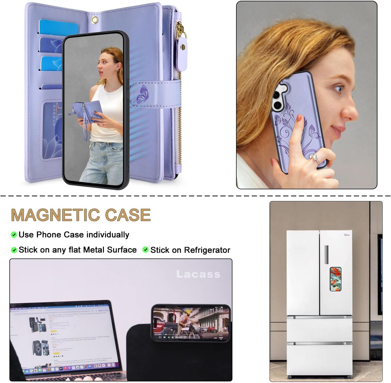 Lacass Case Wallet for Samsung Galaxy S25 6.2 inch, [12 Card Slots] ID Credit Cash Holder Zipper Pocket Detachable Leather Wallet Cover with Wrist Strap Lanyard（Floral Light Purple）
