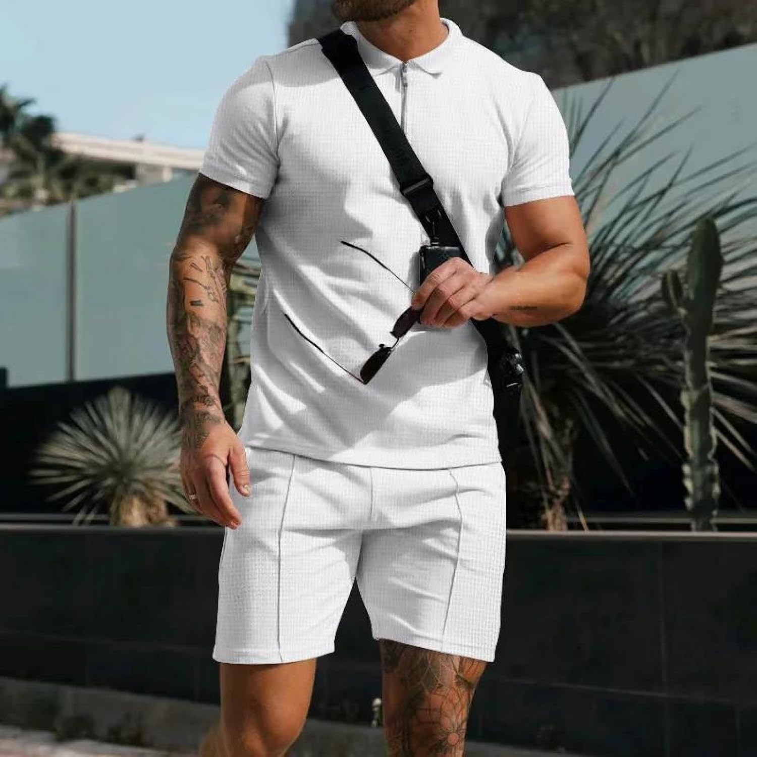Men's Summer Solid Color Lapel T-Shirt And Shorts Set Casual Lightweight 2-Piece Outfit For Beach Home