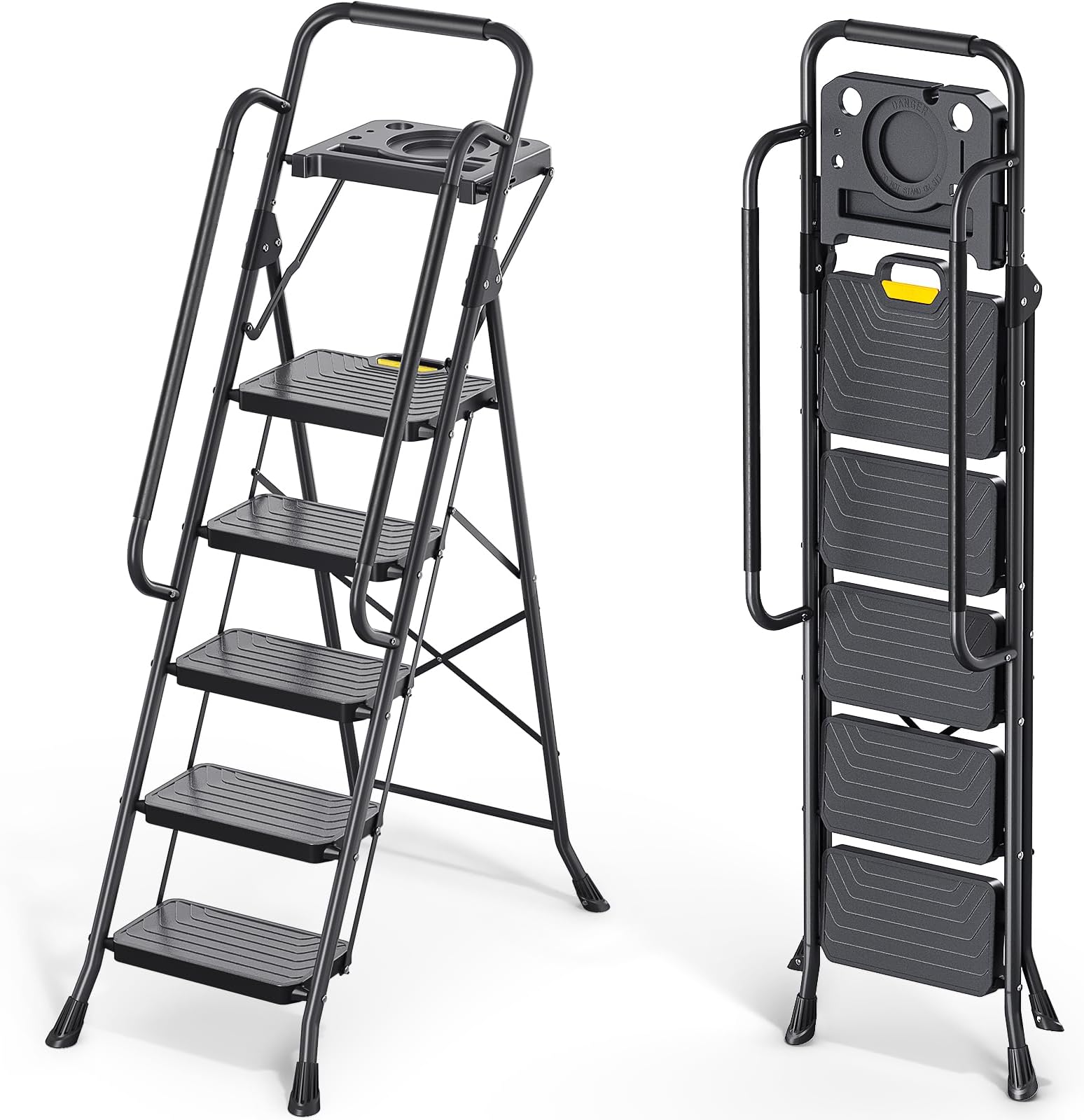 5 Step Ladder, Sturdy Steel Step Stool with Anti-Slip Wide Pedals, Handrail, Safe-Lock Design, Pass 800lbs Load Testing, Folding Portable Ladder for Multi-Purpose, Home, Kitchen, Black