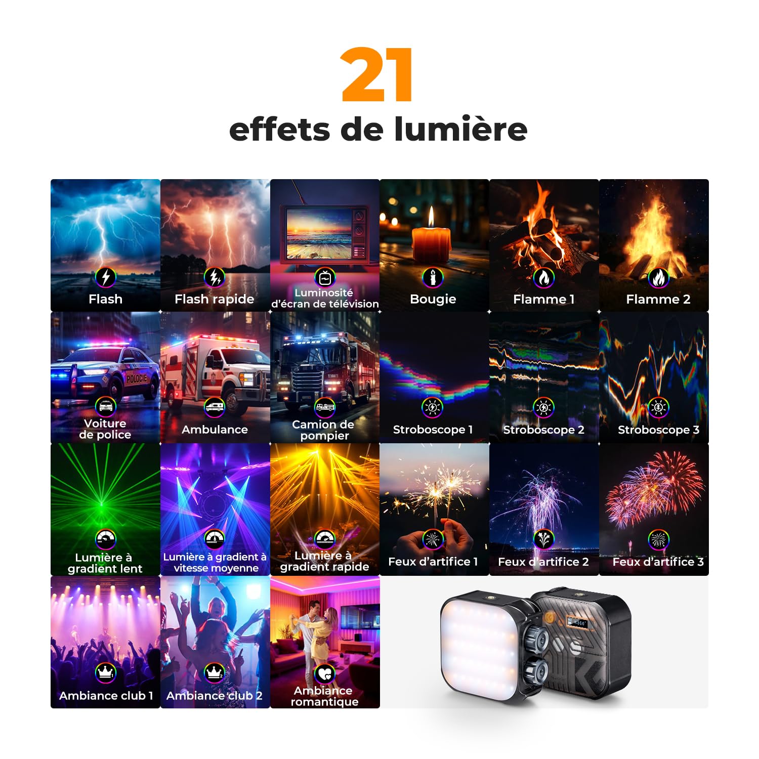 K&F CONCEPT Lampe Vidéo RGB, Lampe Photo Portable à 360°, 21 Effets Lumineux, 2500K-9900K CRI 96+, pour Vlogging,Selfie,Photographie Main à la Main,Noir
