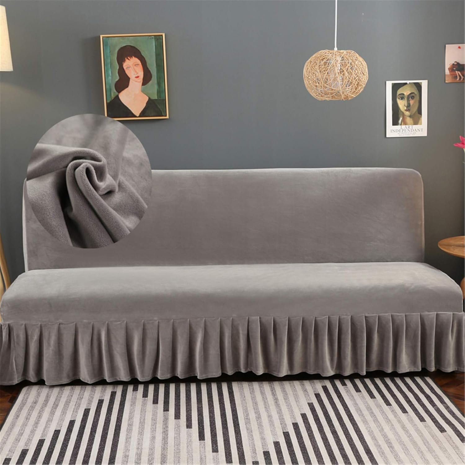 Armless Velvet Burgundy Futon Cover with Ruffle Skirt higly Stretch Futon Sofa Bed Cover No Arm Stain Resistant Machine Washable Medium