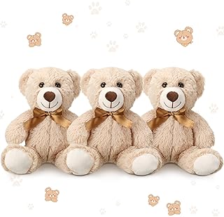 3 Packs Bear Stuffed Animals,14 Inch Cute Stuffed Bear Toys Bulk Soft Bears Plush Toy with Ribbon Bow for Christmas Valentine’s Day Baby Shower Birthday Party Favors (Khaki)
