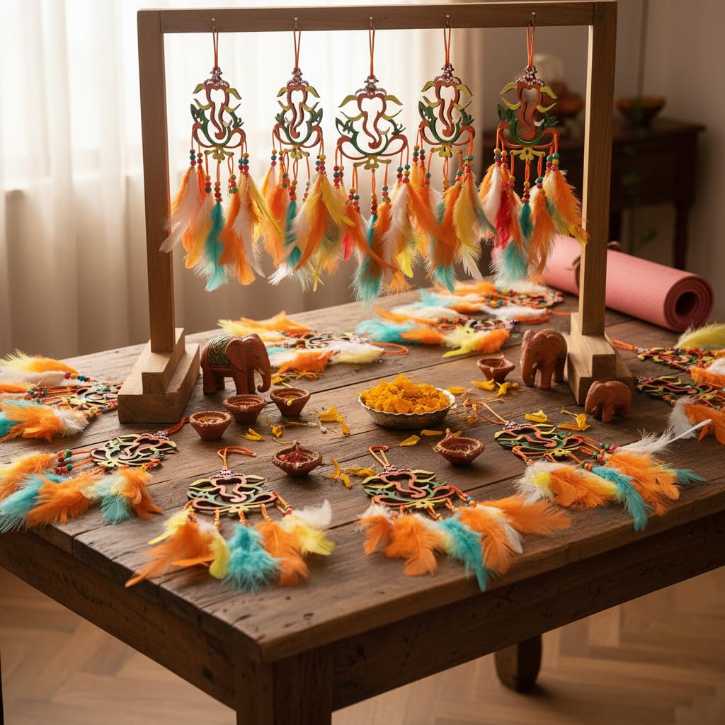 Varenyam Wooden Handpaited Ganpati Dream Catcher for Car, Unique Hand Painted Ganesha Car Mirror Hanging Accessories Interior, Ganesh Dream Catcher for Rear View Mirror Accessory, Gift Item 3