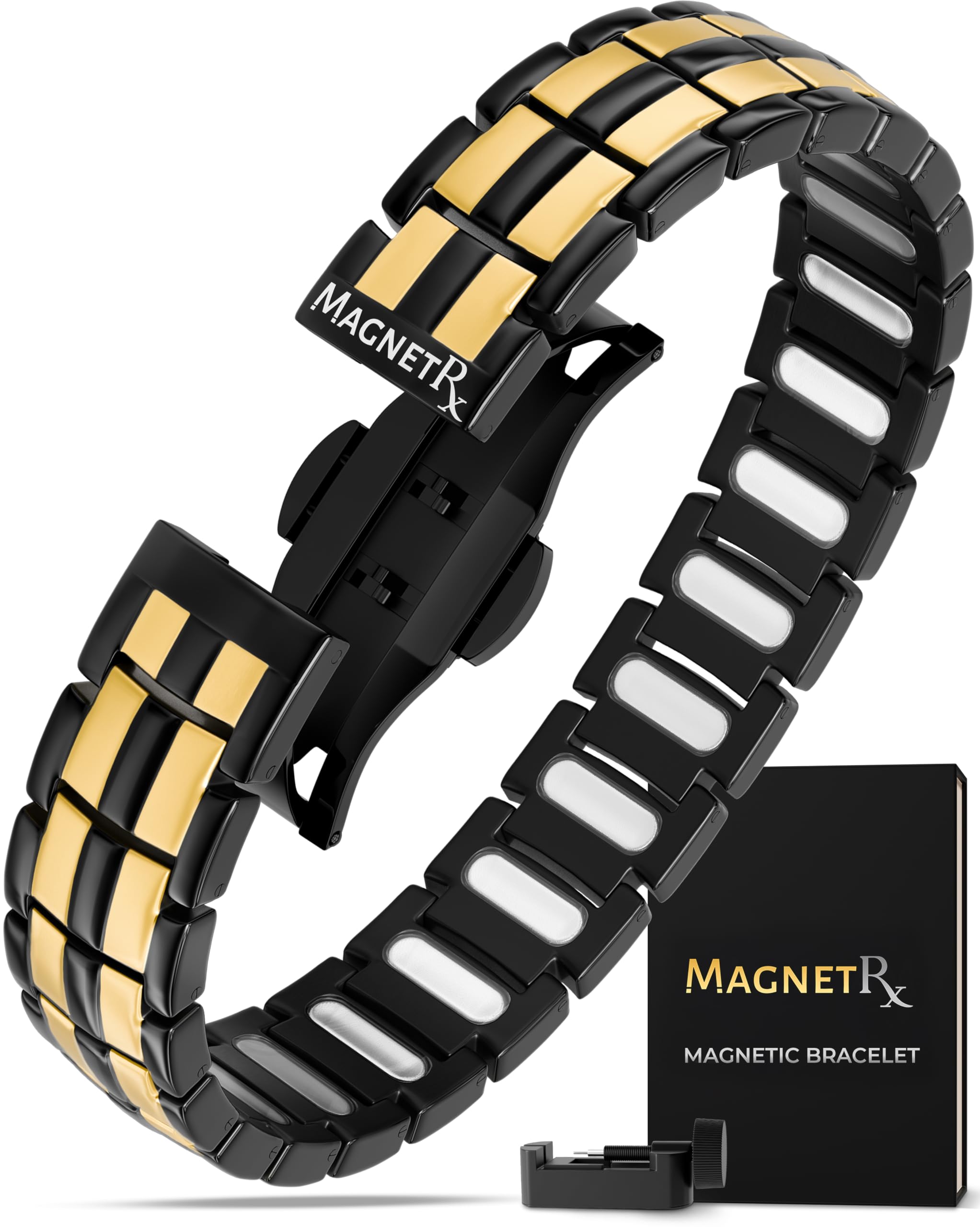 MagnetRX® Magnetic Bracelets for Men - EllipseMAX 5X Strength 5,000 Gauss Magnets - Designed in USA & Patent Pending - Premium Titanium Mens Magnetic Bracelet & Adjustable Length (Black/Gold)