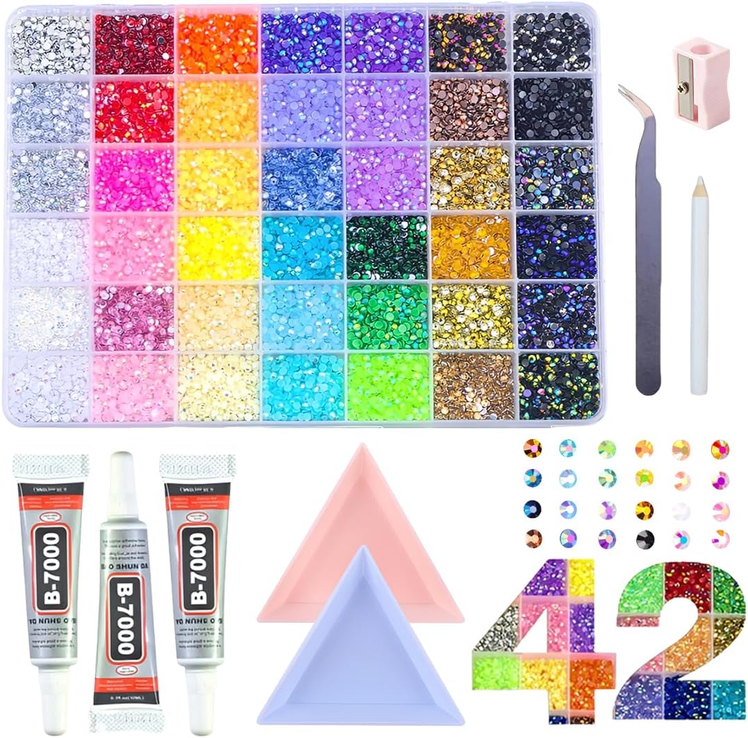 Nail Art Bedazzling Kit,42 Colors Rhinestone,with 2 Art Trays & 1 Purple Mini Pencil Sharpener Kit,DIY Crafts Gifts,Nail Charms