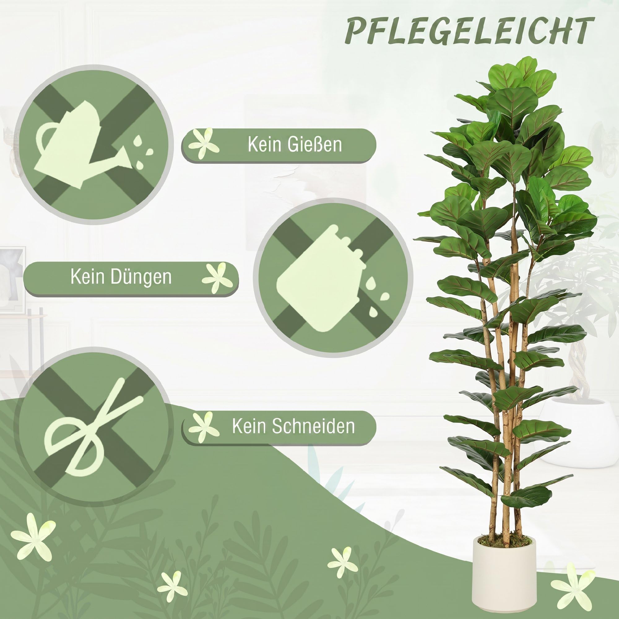 HOMCOM Künstlicher Geigenfeigenbaum 180 cm Kunstpflanze mit 91 Blättern | Massivholzstamm, Topf, Künstliche Pflanze Plastik Wie Echt, Deko Wohnzimmer Schlafzimmer Büro Garten