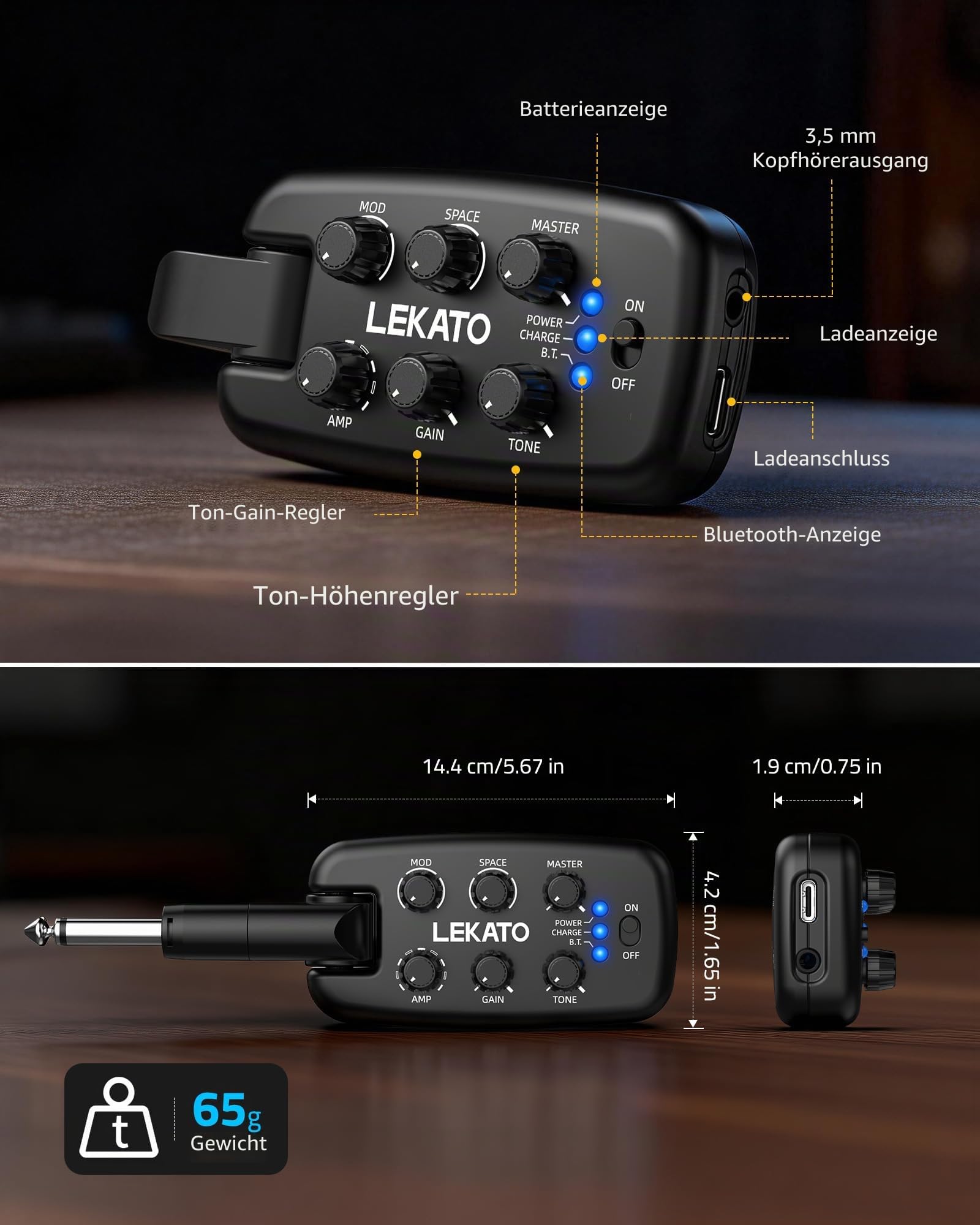 LEKATO Gitarren-Kopfhörerverstärker, Tragbarer Plug-in-Übungsverstärker für E-Gitarre/Bass, 9 Amp-Modelle/6 Effekte, Bluetooth, 180° Stecker, OTG-Funktion, Anfänger wiederaufladbarer Taschenverstärker