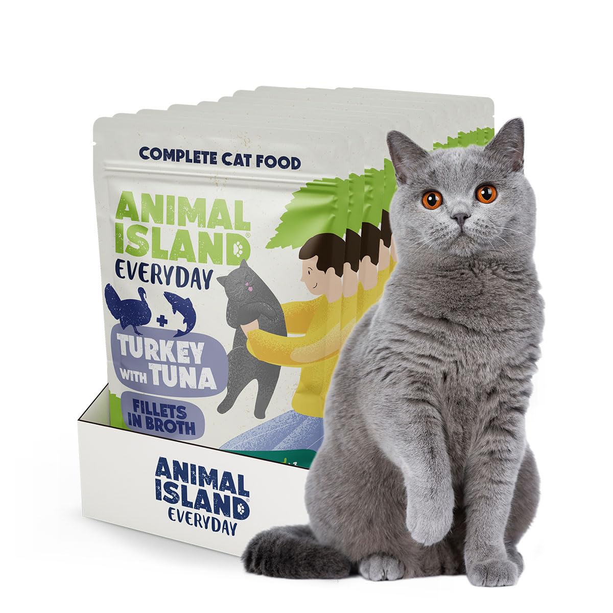 Animal Island Mokra Karma dla Kota Dorosłego Indyk z Tuńczykiem w Rosole Bez Zbóż Bogata w Taurynę Omega 3 Filety w Bulionie Wołowym Pełnoporcjowa Wielopak Saszetki, 12 x 85g