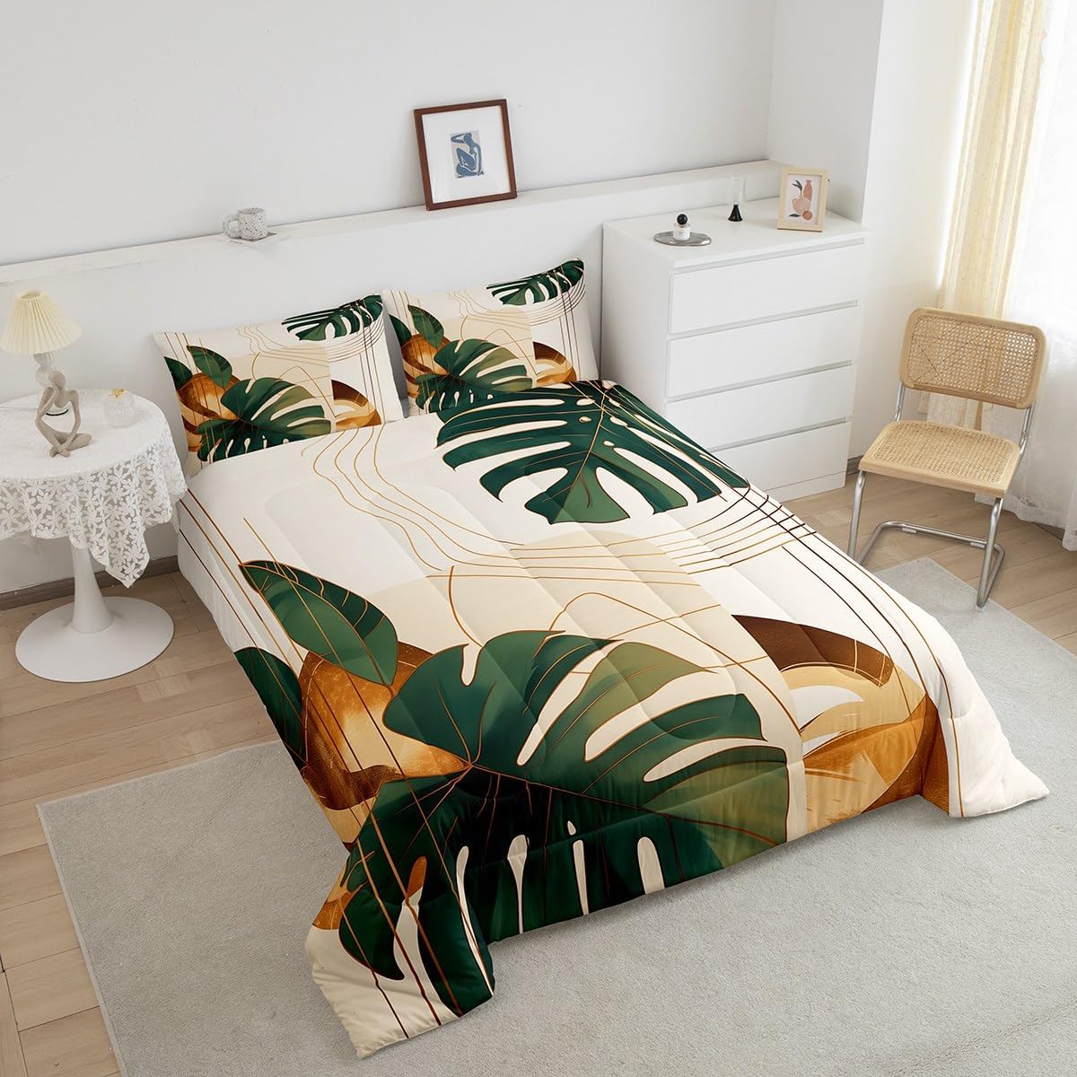 Feelyou Palm Leaf Comforter Set King Size Geometric Stripes Bedding Set Kids Boys Girls Tropical Leaves Pattern Comforter Boho Exotic Bohemian Style Quilt Set