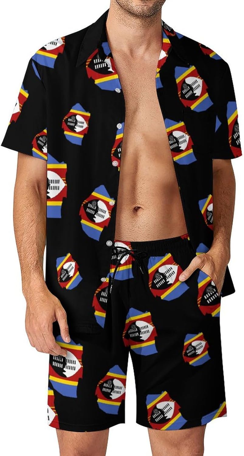 Flag Map of Eswatini Men's Summer Beach Outfits Shirt And Shorts Set 2 Piece Vacation Swimwear