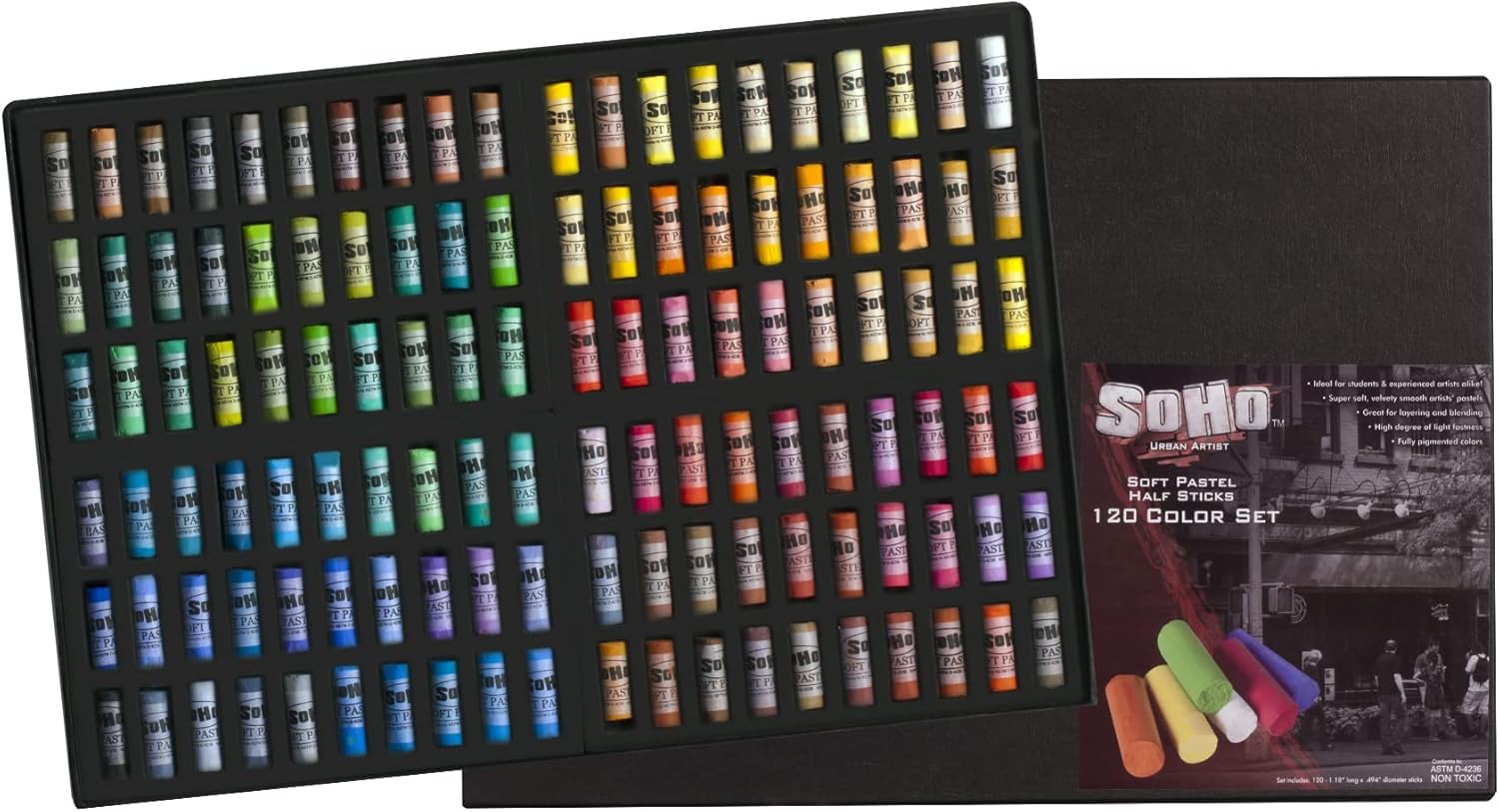 Soho Urban Artist Soft Pastels Set of 120 Unique, Vibrant Colors - Half Stick 1.3" Long, Soft Pastels for Artists, Velvety Texture, Lightfast, Perfect for Layering & Blending