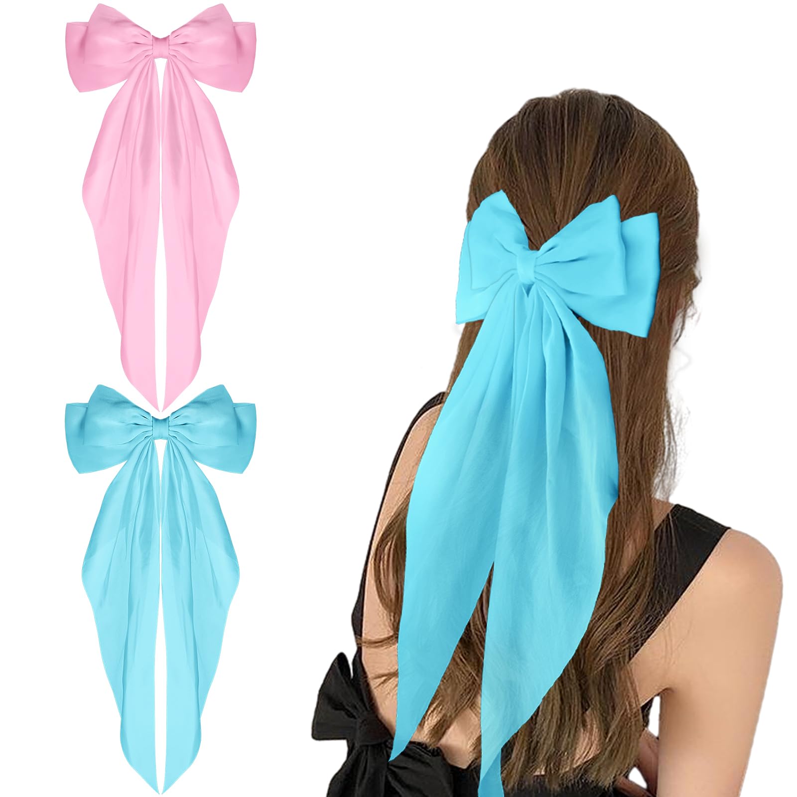 WLLHYFBig Bow Barrettes 2 Pieces Soft Silky Satin Hair Clip Long Tail French Ribbon Hair Pins Metal Bowknot Clips 90's Accessories for Party Valentine's Day Women Girl (Pink+Sky blue)