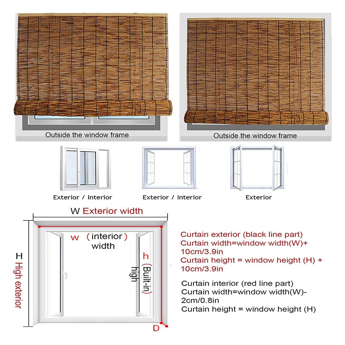 Store en Bambou, Store intérieur/extérieur en Bambou pour fenêtre Enroulable, Rideau en Bambou tissé à la Main, carbonisation Facile à Installer, Taille Personnalisable. (Size : W110xH190cm/43x75in)
