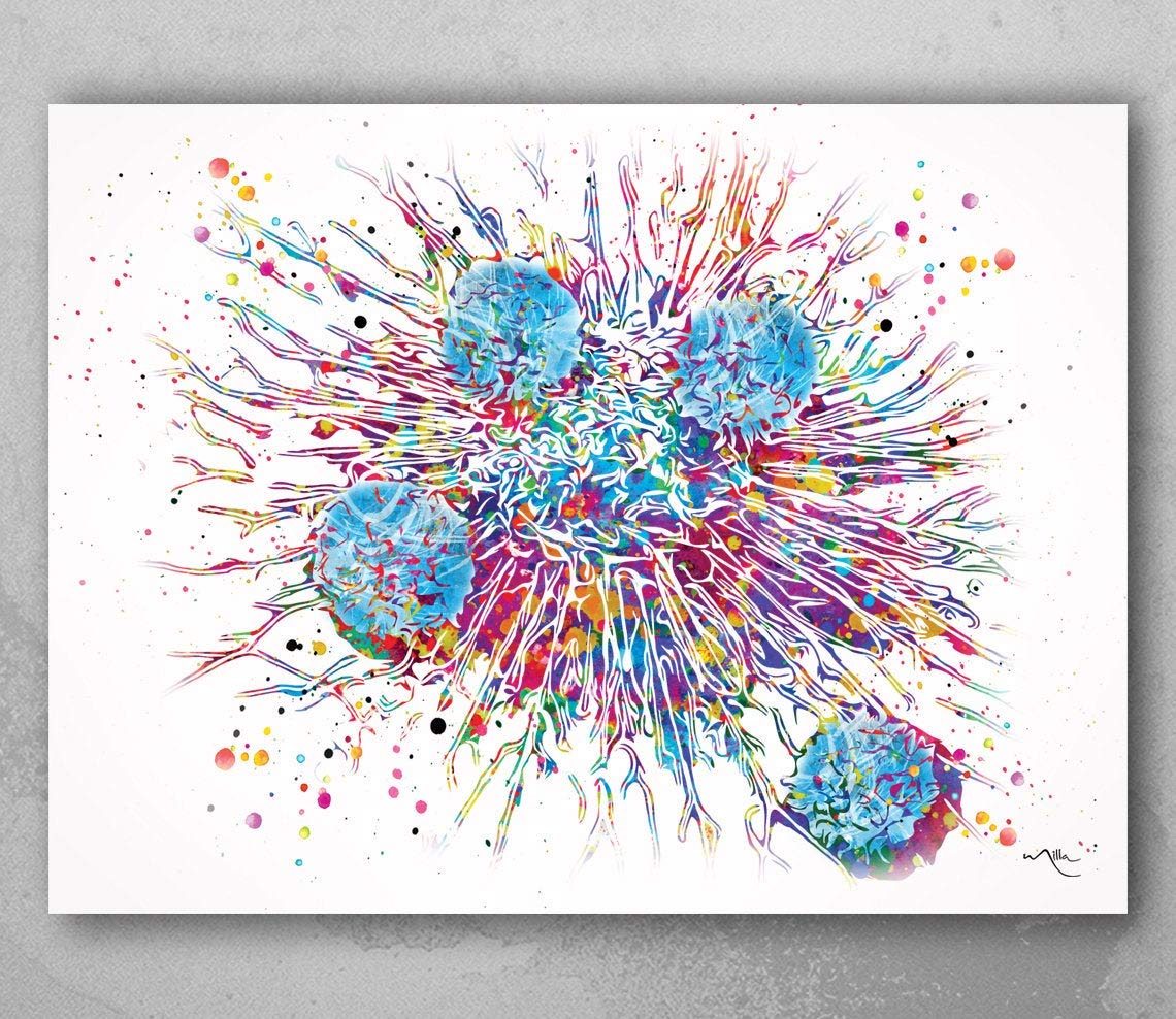 Cocomilla T-Cells Watercolor Print Immune Cells Medical Art Science Histology T Cell Attacking Cancer Art Oncology Immunology Clinic Office Chemo-1807