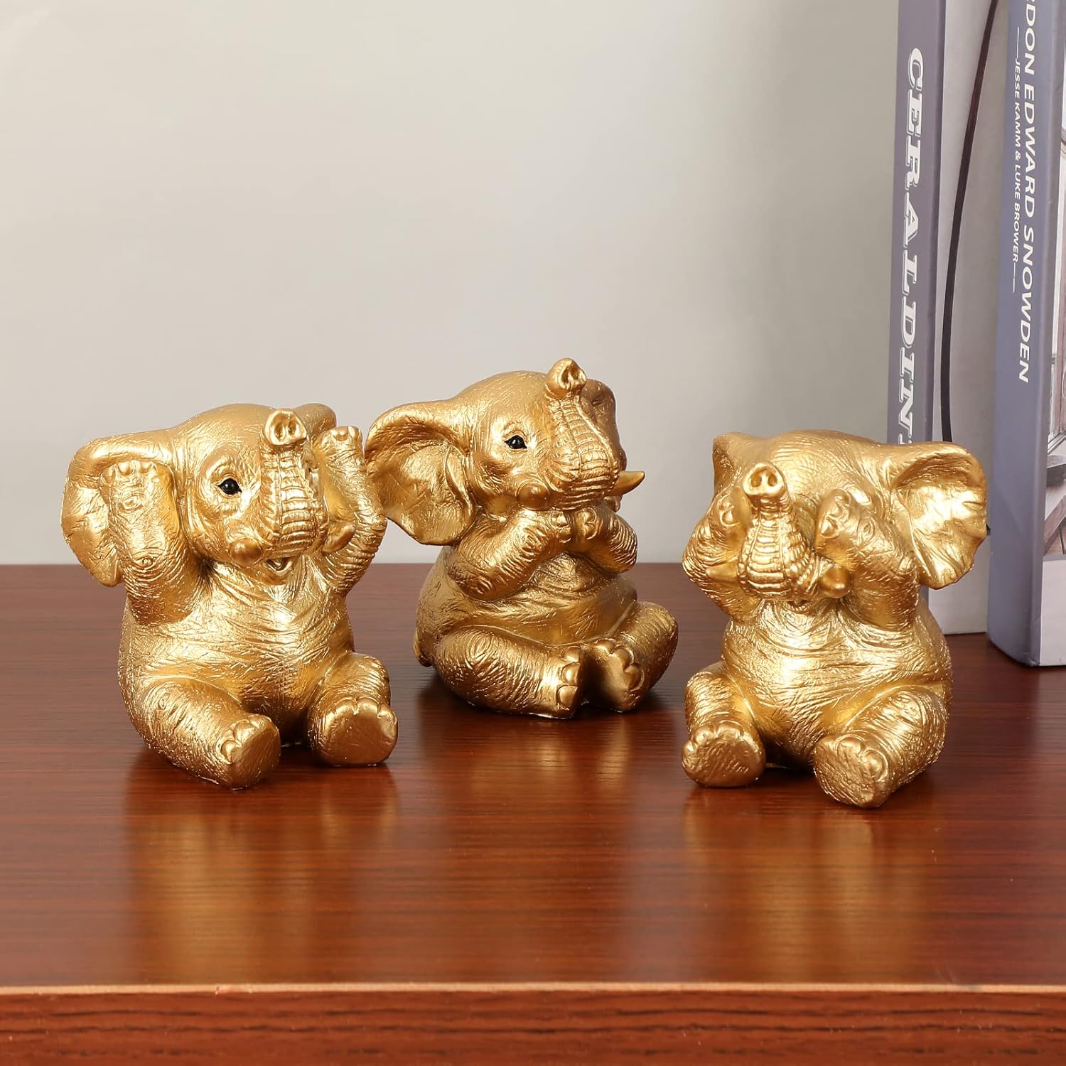 Set of 3 Gold Good Luck Elephant Statues Home Décor Cool Elephant Figurines for Shelf, Living Room Office Desktop, Bookshelf, Animal Sculptures Gifts,Small Decor Accents Items for Women