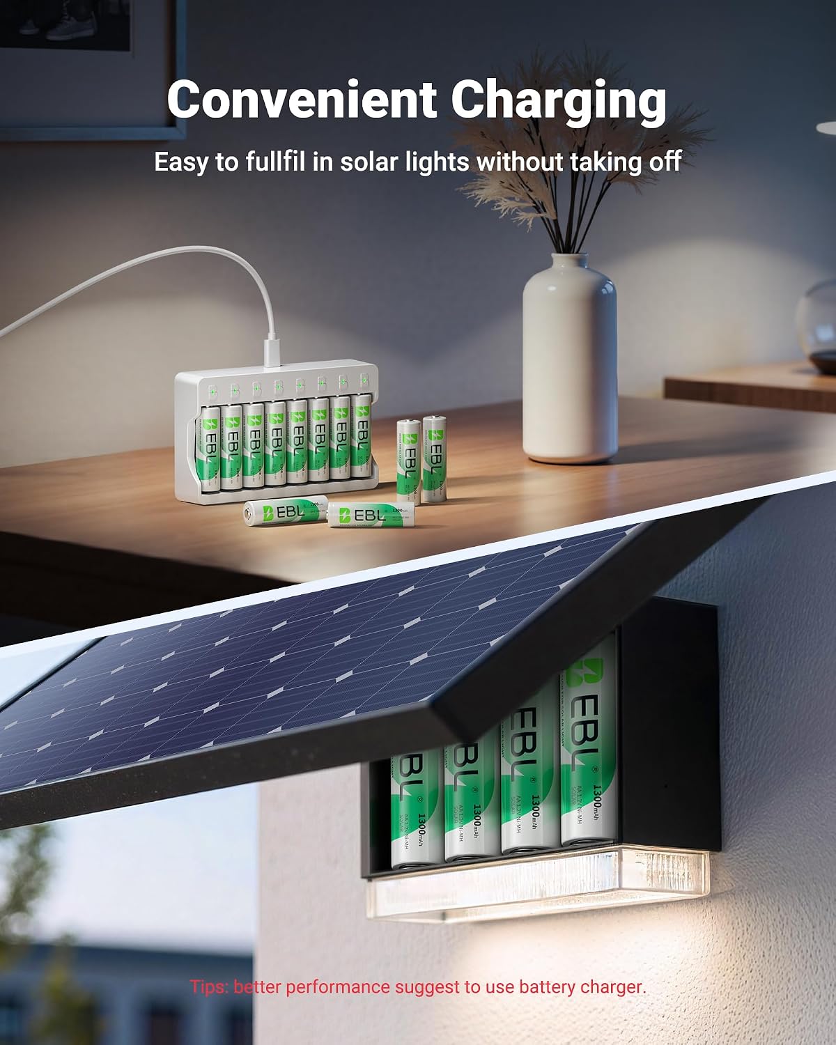 EBL Solar AA Battery Rechargeable Batteries for Solar Lights, 12 Pack