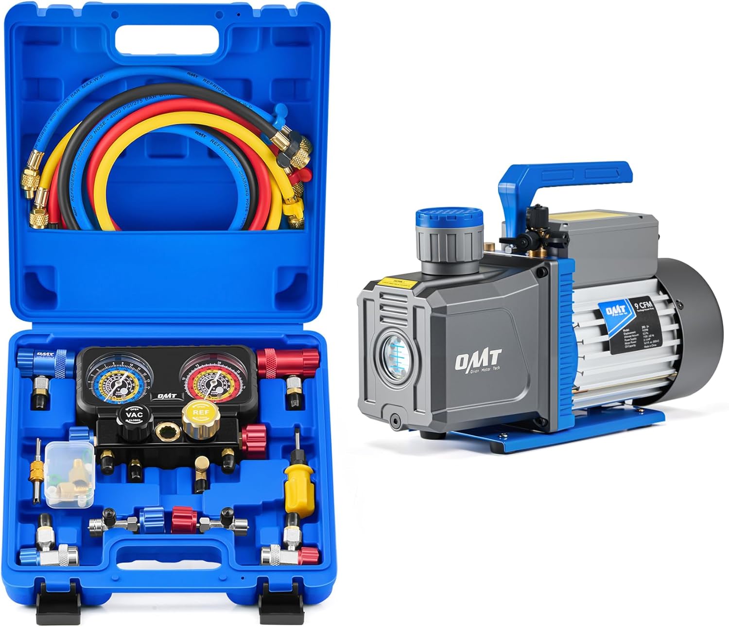 Orion Motor Tech 4 Way Manifold Gauge Set for R1234yf R134a R404a Refrigerant & 2 Stage A2L Vacuum Pump, Bundle