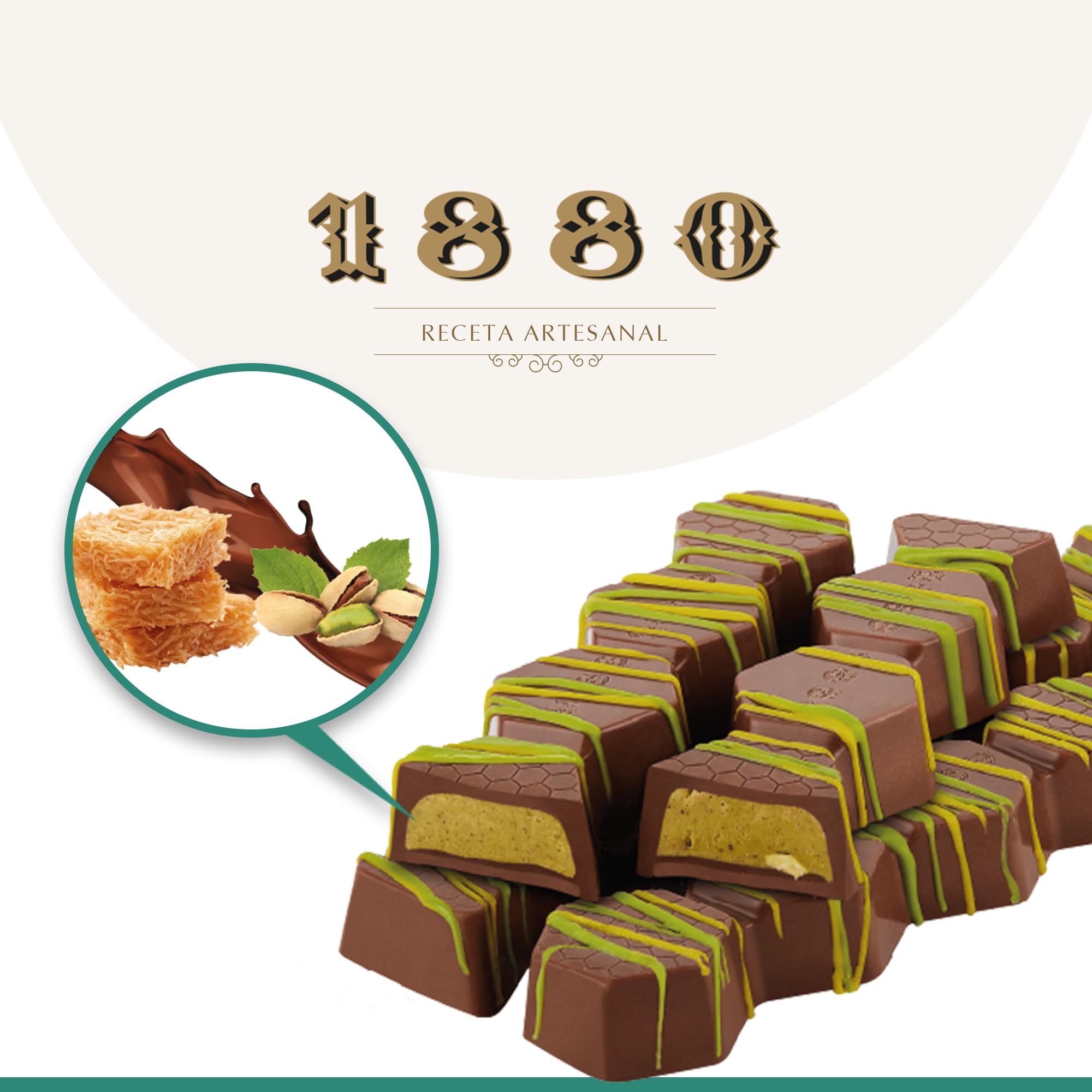 1880 - Turrón Chocolates de Autor Estilo Dubai 200g, Crema de Pistacho con Masa Kataifi y Chocolate con Leche, Textura Crujiente, Elaborado en Jijona, Calidad Suprema, Tradición Familiar desde 1880
