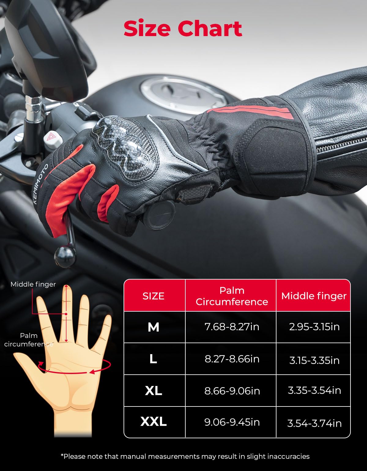 KEMIMOTO Zimowe rękawice motocyklowe, wodoodporne i wiatroszczelne, odporne na zużycie rękawice z powłoką z włókna węglowego, do jazdy na motocyklu, nartach