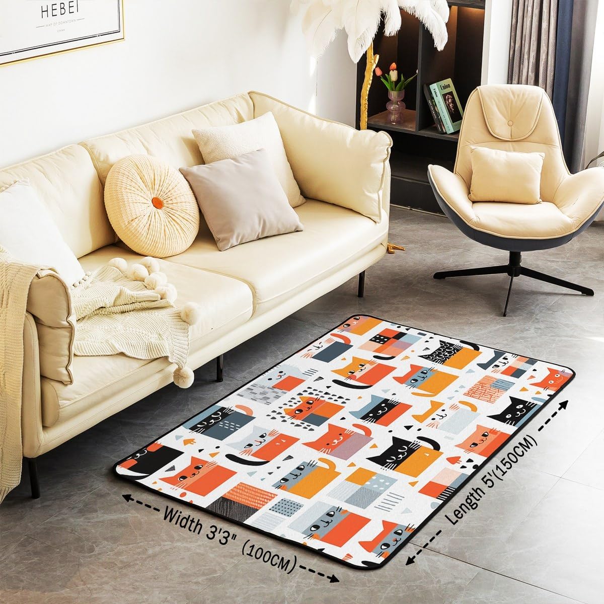 Erosebridal Cartoon Cat Carpet Colourful Kawaii Cat Print Area Rug for Cat Lovers Rainbow Plaid Pattern Indoor Floor Mat Kids Pet Animal Decorative Accent Rug,Colourful 3X5