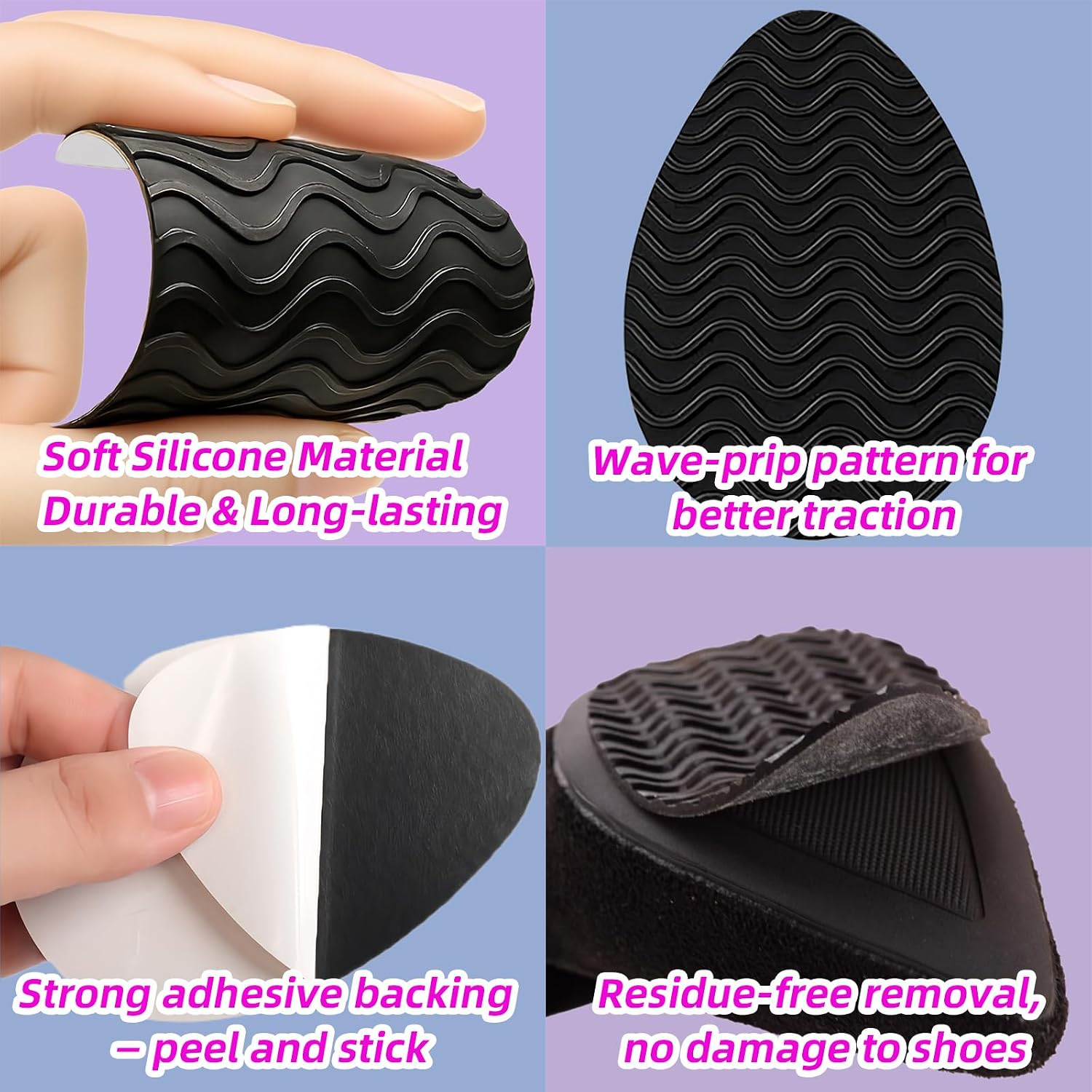 Heel Grips for Women's Shoes, 8-Pack Non-Slip Shoe Pads with Wave Pattern, Shoe Sole Protector for High Heels & Leather Soles, Anti-Skid Shoe Grips Stickers for Noise Reduction (Black)