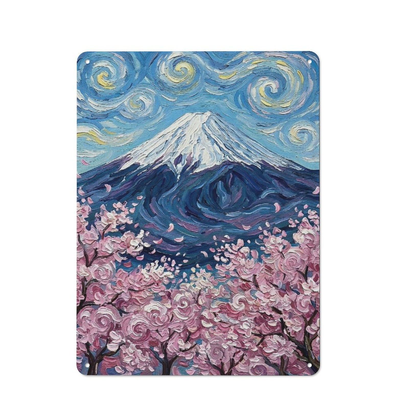Junmoney Style-15 Metal Plaque With Mount Fuji Cherry Blossoms Painting Design 40X30cm, Rustic Cafe Wall Decor For Restaurant, Kitchen, Counter Or Breakfast Nook