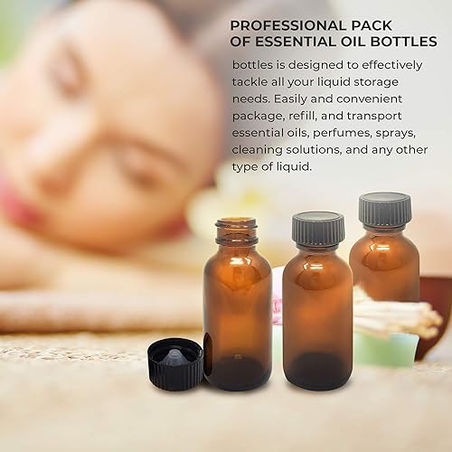 Miniatura 9 de Botellas de vidrio ámbar de 1 oz (1.0 fl oz), paquete de 12 botellas vacías recargables con tapa negra, botella de aceites esenciales a prueba