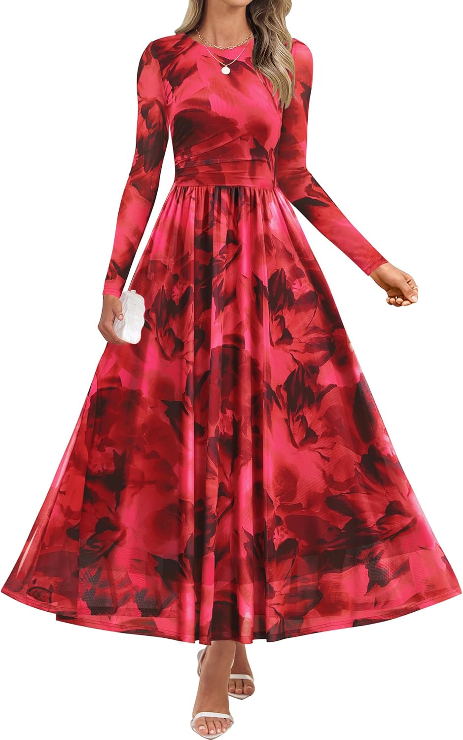 ZESICA Women's Maxi Dress 2025 Fall Long Sleeve Crewneck Floral Print Mesh Ruched Party Wedding Guest Dresses