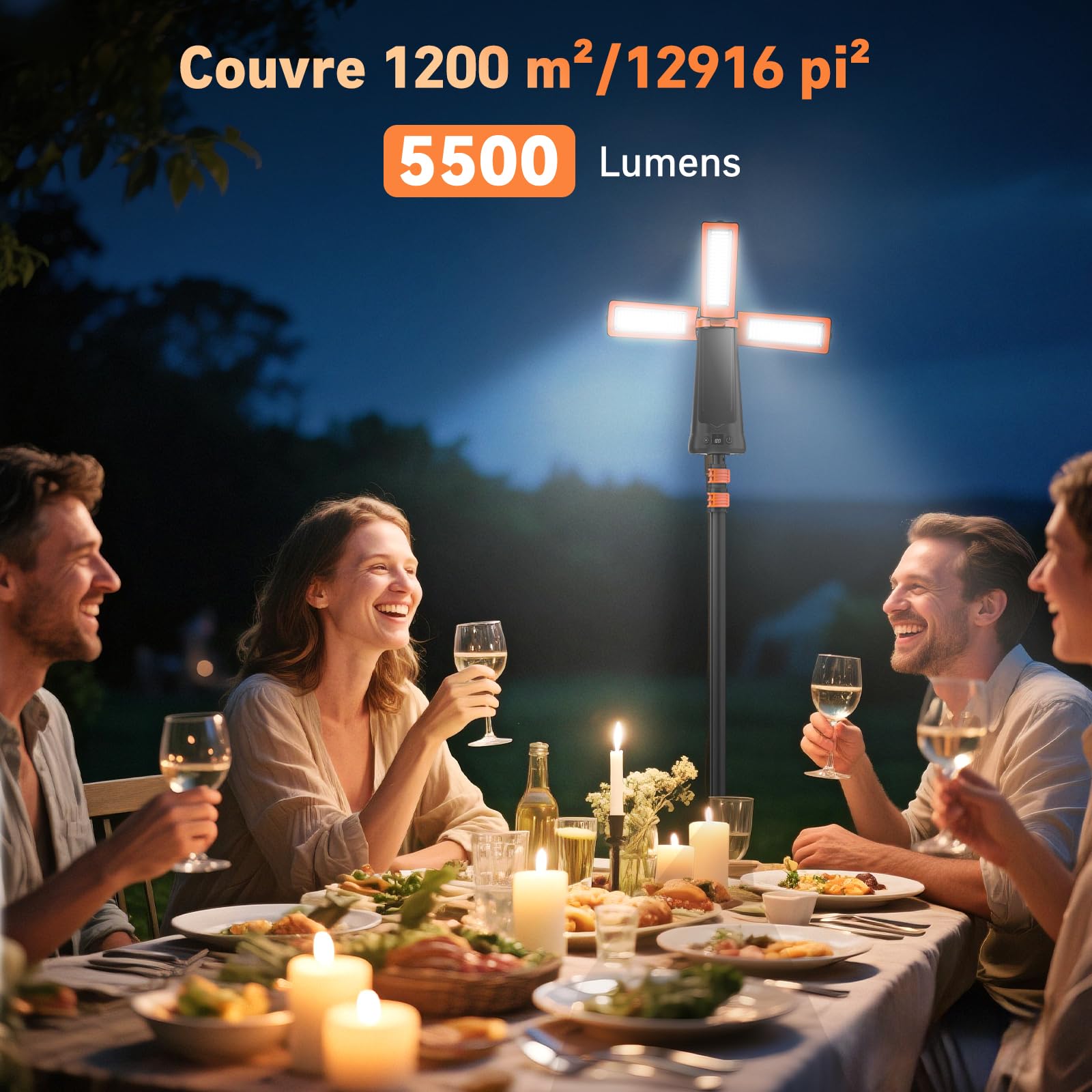 Adewalk 15000mAh Projecteur de Chantier LED Rechargeable avec Trépied, 5500LM Lampe de Camping à 3 Têtes, Étanche IP65, 5 Mode, Lampe de Travail Réglable pour Atelier, Garage, Construction(Orange)