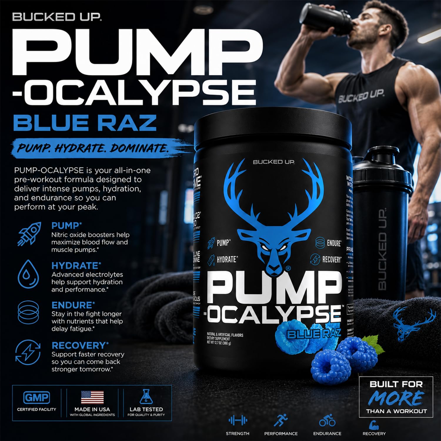 Pump-ocalypse Blue Raz | Nitric Oxide and L Arginine Supplement with Citrulline Malate, GlycerPump | Ultimate N.O. Booster | Lean Muscle Support for Blood Flow, Vascularity, Hydration and Endurance — Amazon image 6