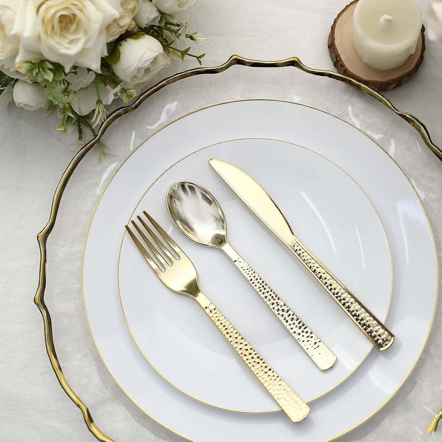 Efavormart 24-Piece Gold Disposable Plastic Cutlery Set - High-Luster Hammered Design Flatware for Luxury Weddings, Milestone Birthdays, and Festive Holiday Dinners