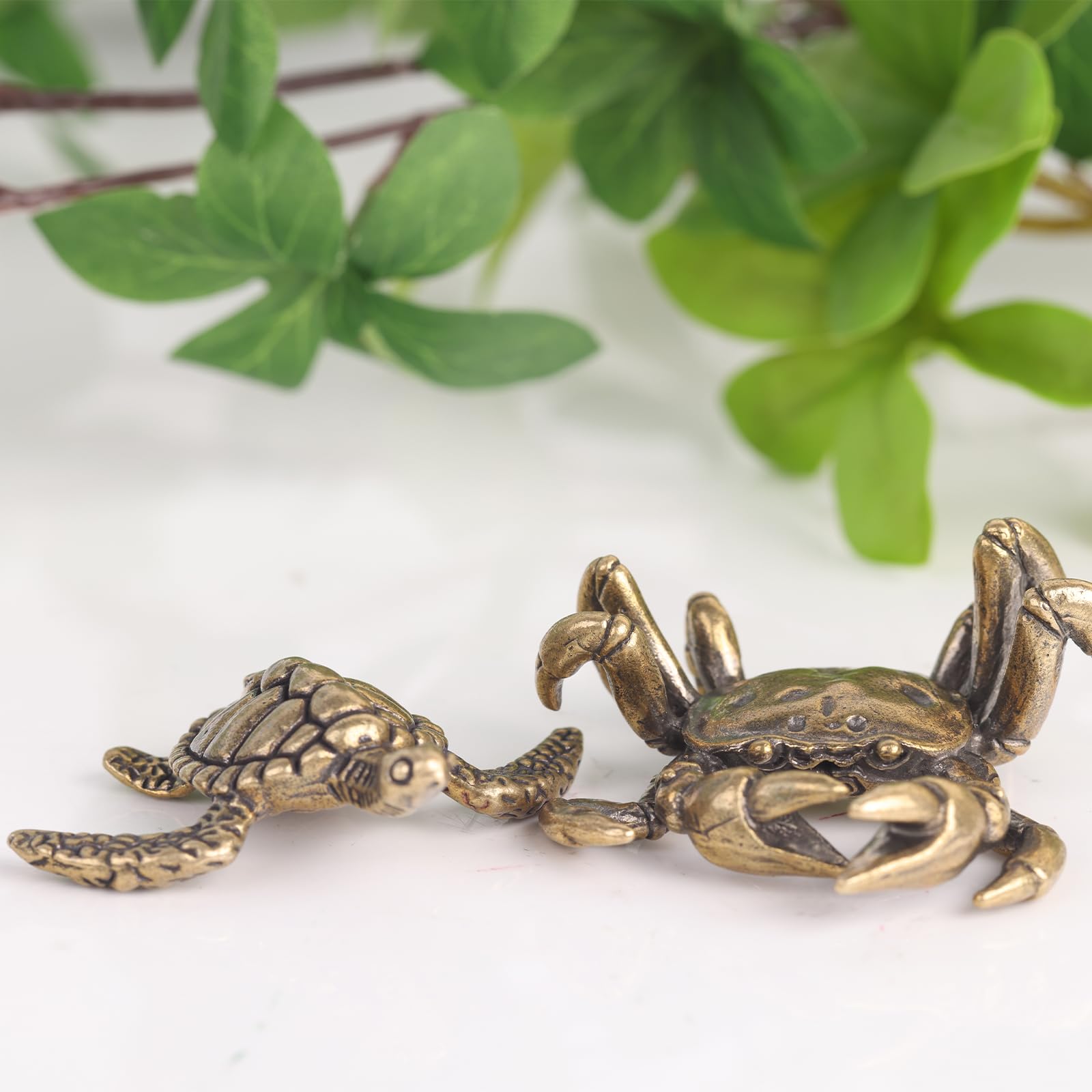 Miniature Turtle Figurines and Brass Crab Statue, Cute Brass Animal Figurines Sea Turtle Decor, Modern Knick Knacks Home Decor Accent - Ideal Countertops Bookshelves Shelves Office Desk Decor